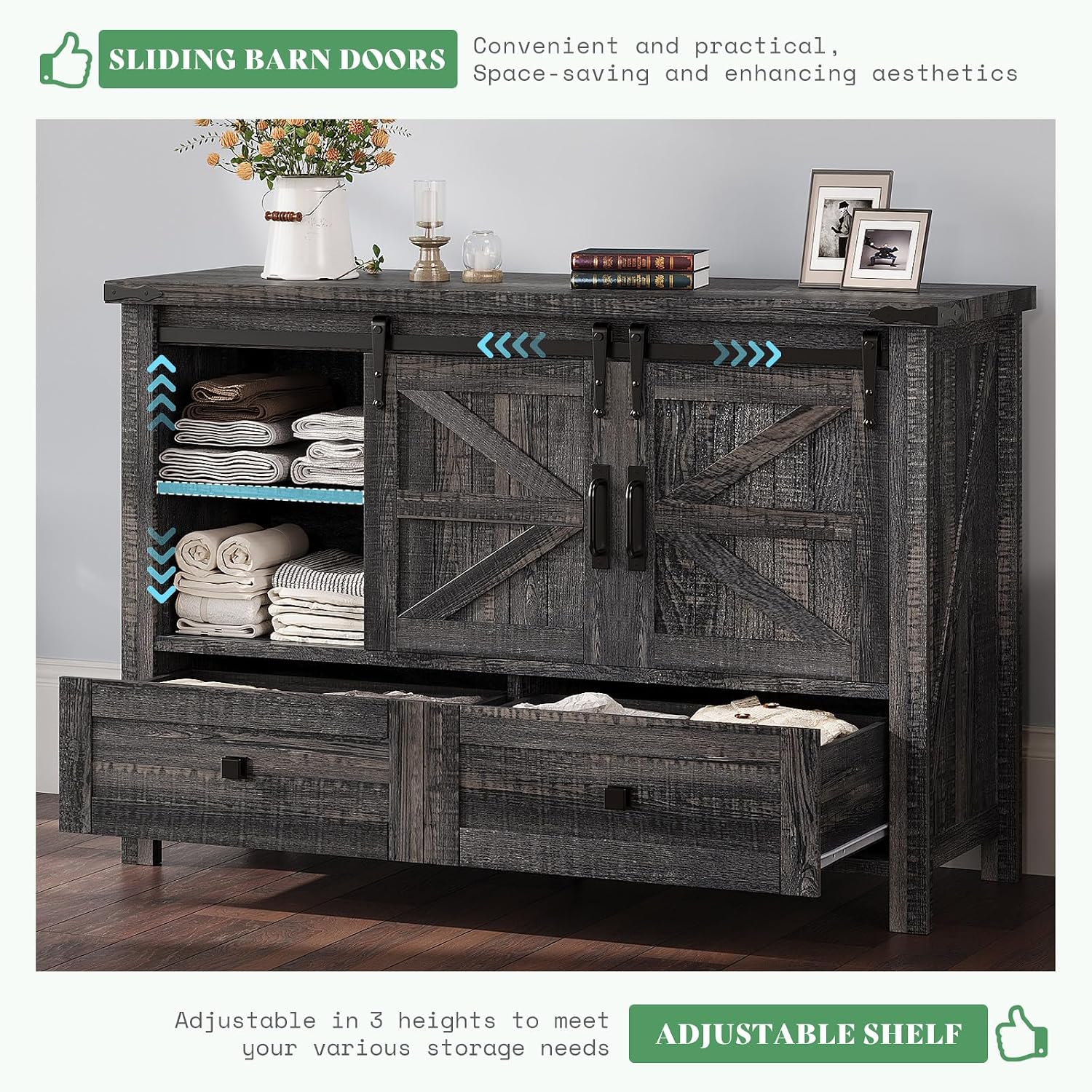 AMERLIFE 4-Piece Farmhouse Bedroom Set in Black Oak, Queen Size Bed Frame with Bookcase Headboard, 5-Drawer Tall Dresser, 47'' Dresser with 4 Drawers, 60' Dresser with 4 Drawers