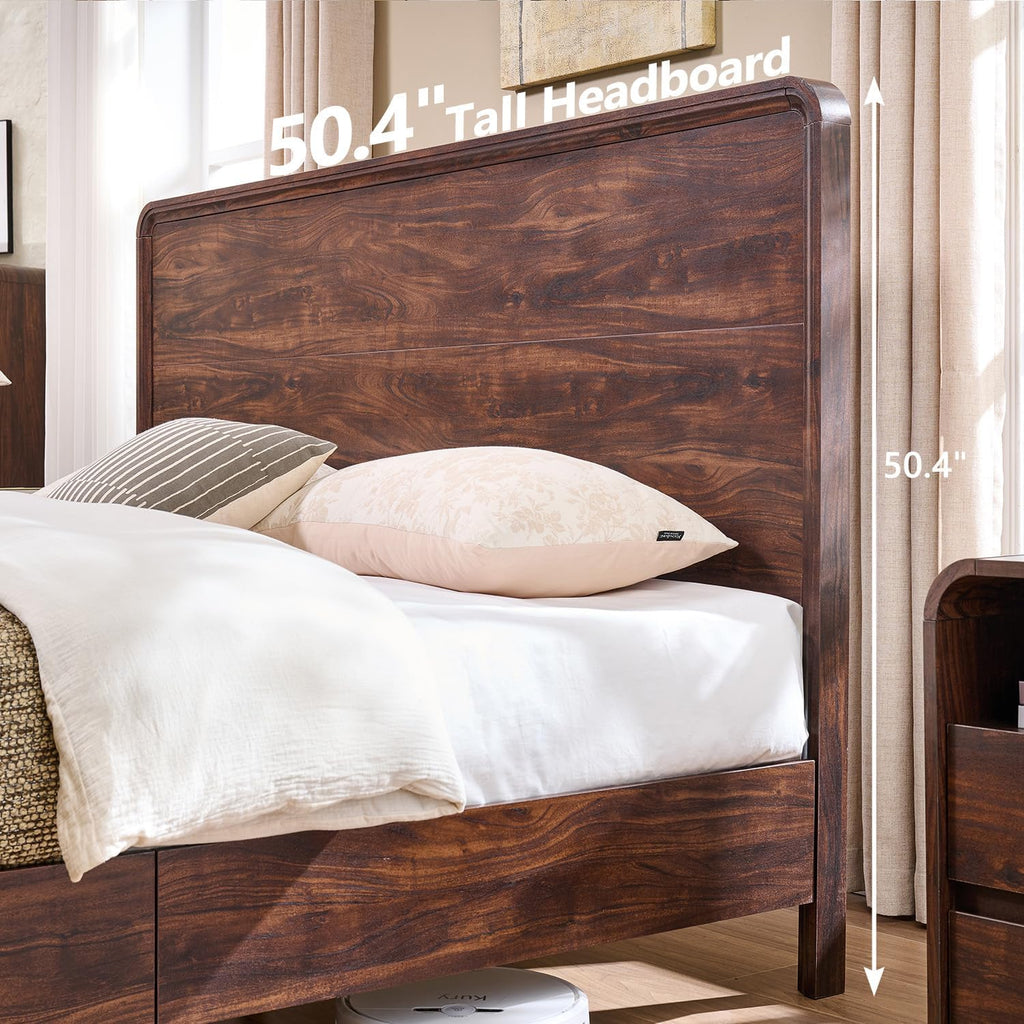 Aitjunz Modern King Size Bed Frame with 50' Tall Headboard, Wood King Size Platform Bed Frame w/3 Storage Drawers, Curved Profile Design, Wood & Steel Platform Bed, No Box Spring Needed, Dark Walnut