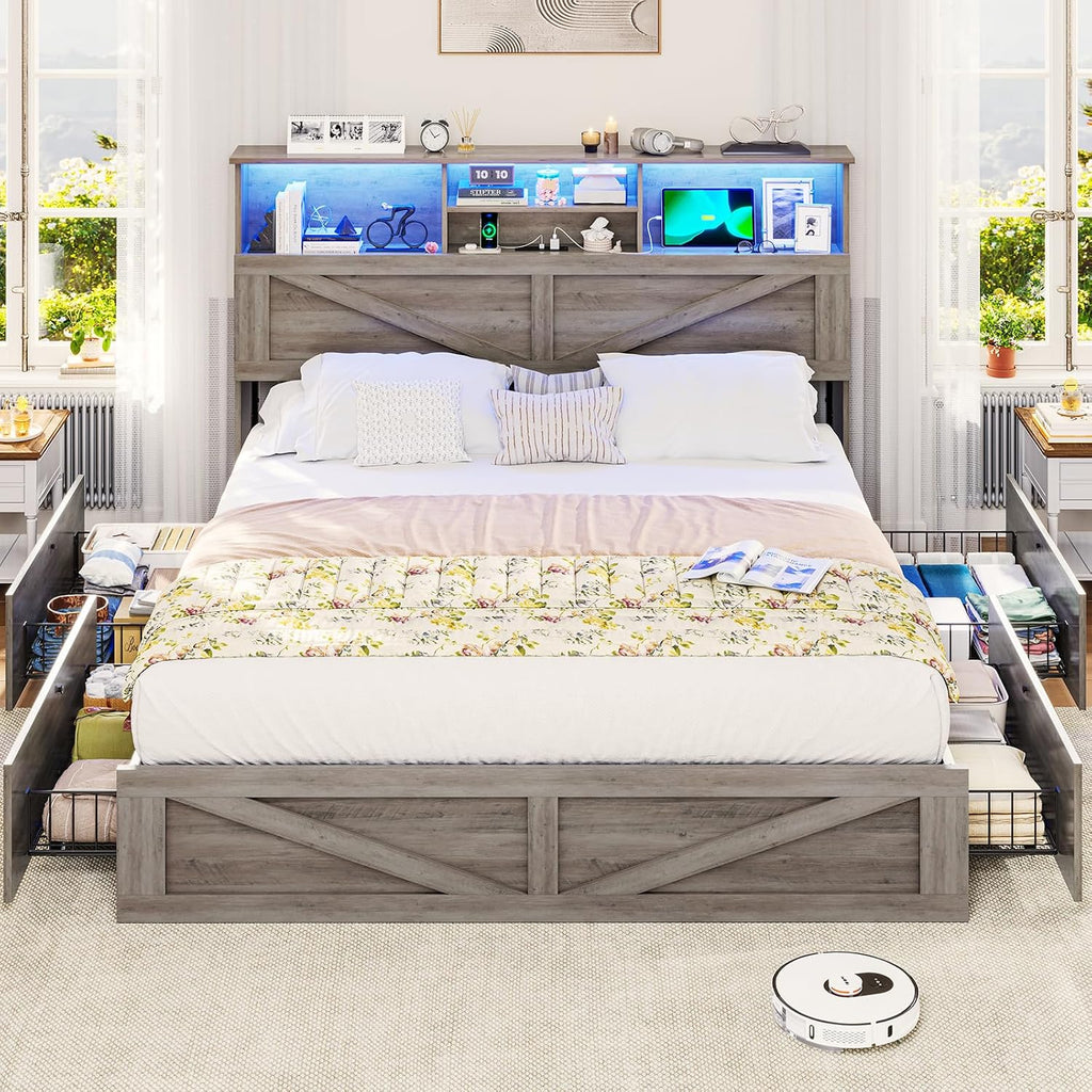 VIAGDO Farmhouse Bed Frame Queen Size with Bookcase Storage Headboard, Charging Station and LED Lights, Wooden Queen Bed Frame with 4 Drawers, Barn Door Design, No Box Spring Needed, No Noise, Grey