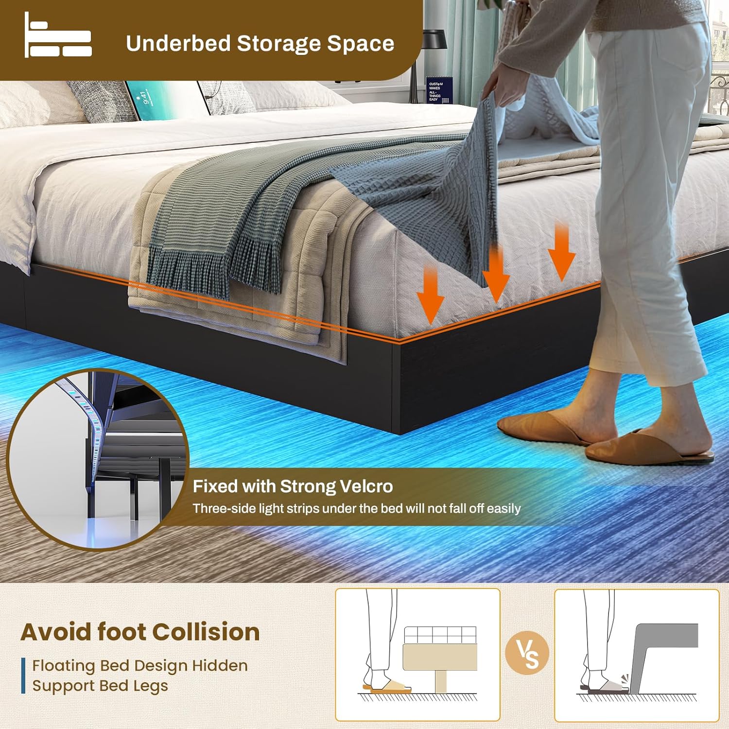 DICTAC Full Floating Bed Frame with LED Lights and Storage Headboard, Visual Floating Bed with Charing Station, Full Size Metal Platform Bed with Stable Structure, No Box Spring Need, Easy Assembly