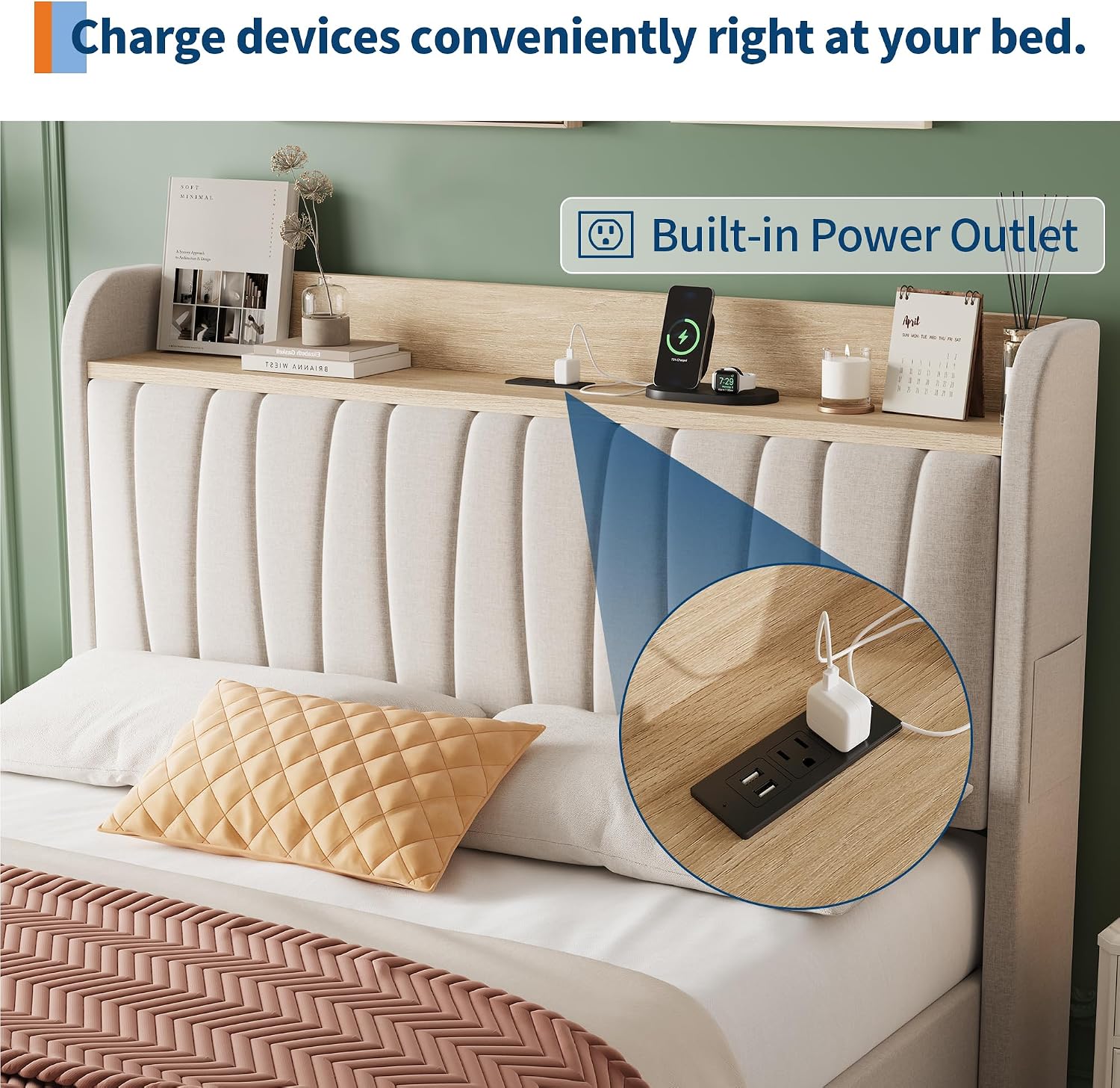 GarveeHome Upholstered Bed Frame with Storage Headboard and Charging Station, Platform Bed Frame with Drawers, Heavy Duty, No Box Spring Needed, Easy Assembly, Beige, Queen Size