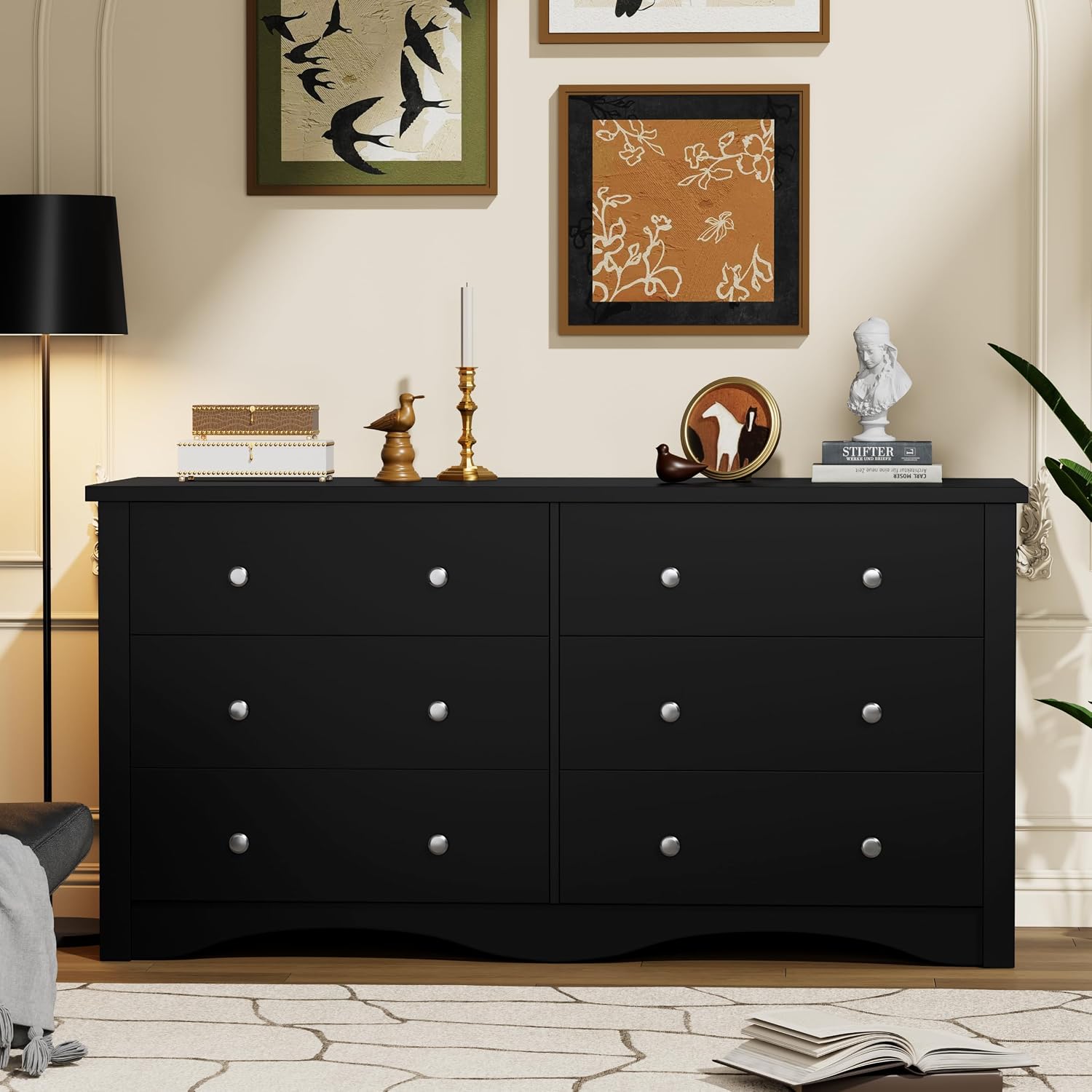 YESHOMY Dresser for Bedroom with 6 Drawers, 47.2' Modern Chest of Drawers, Wooden Dressers, TV Stand for Living Room,Closet, Hallway (Black)