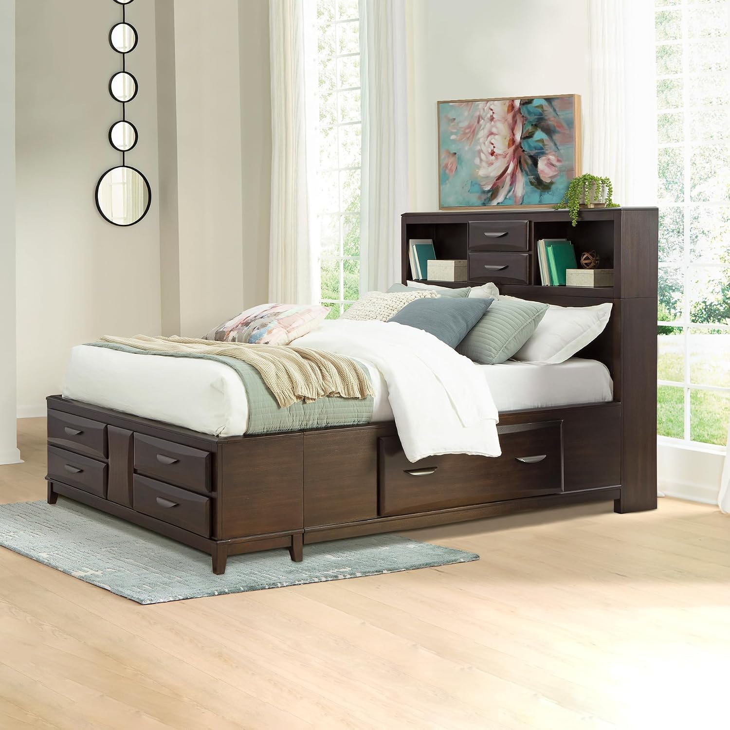 Signature Design by Ashley Vanmore Series Queen Bedframe with Headboard, Storage Drawers and Headboard Cubbies, Casual Contemporary Platform Bed, Dark Brown