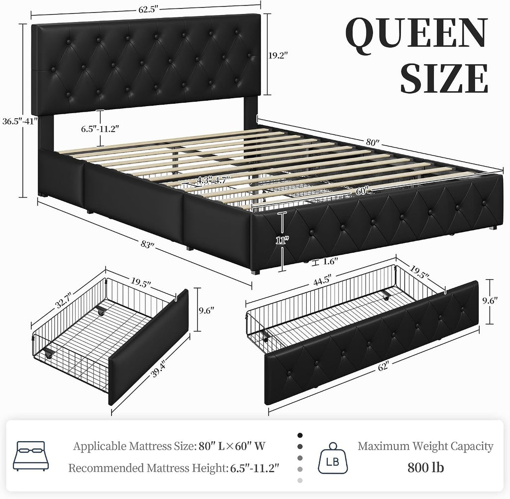 Yaheetech Queen Bed Frame Upholstered Bed Frame with Adjustable Diamond Button-Tufted Headboard/3 Drawers Storage, Queen Platform Bed/Strong Wooden Slats, Black Queen Bed