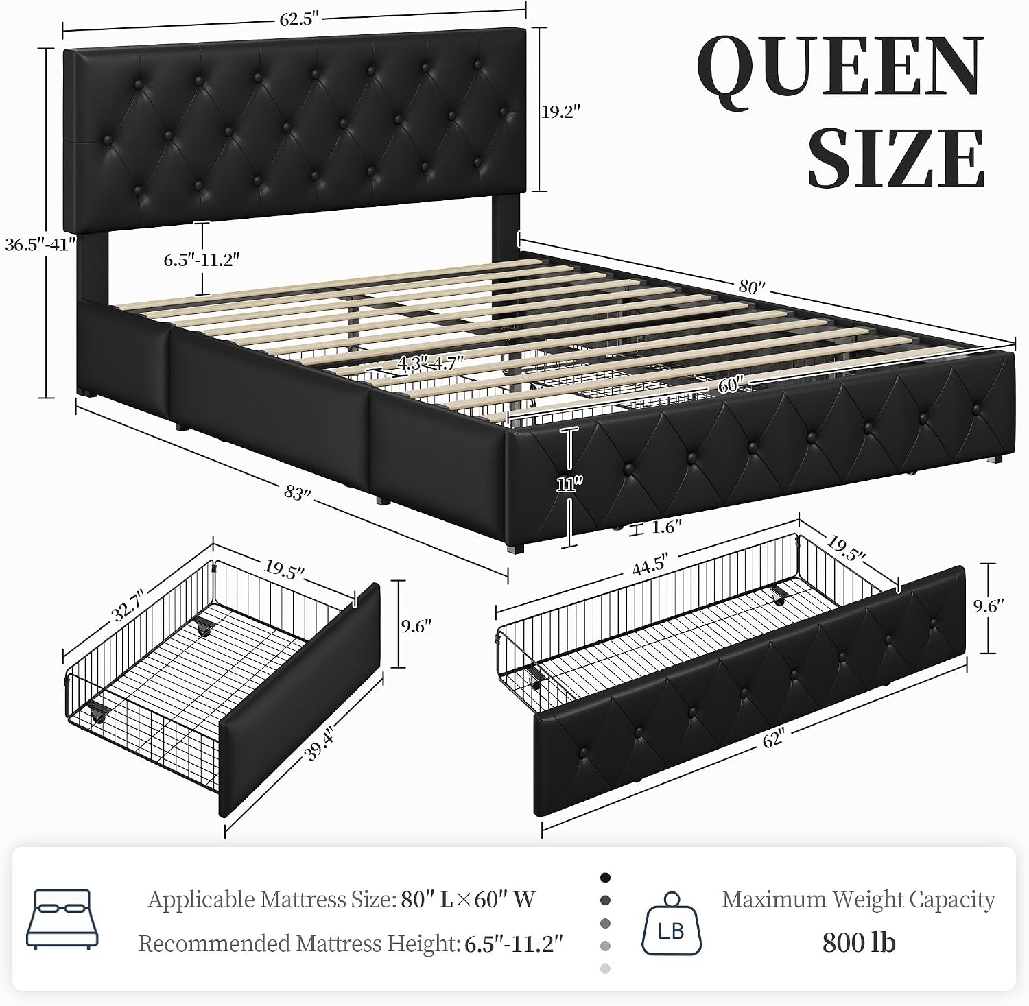 Yaheetech Queen Bed Frame Upholstered Bed Frame with Adjustable Diamond Button-Tufted Headboard/3 Drawers Storage, Queen Platform Bed/Strong Wooden Slats, Black Queen Bed