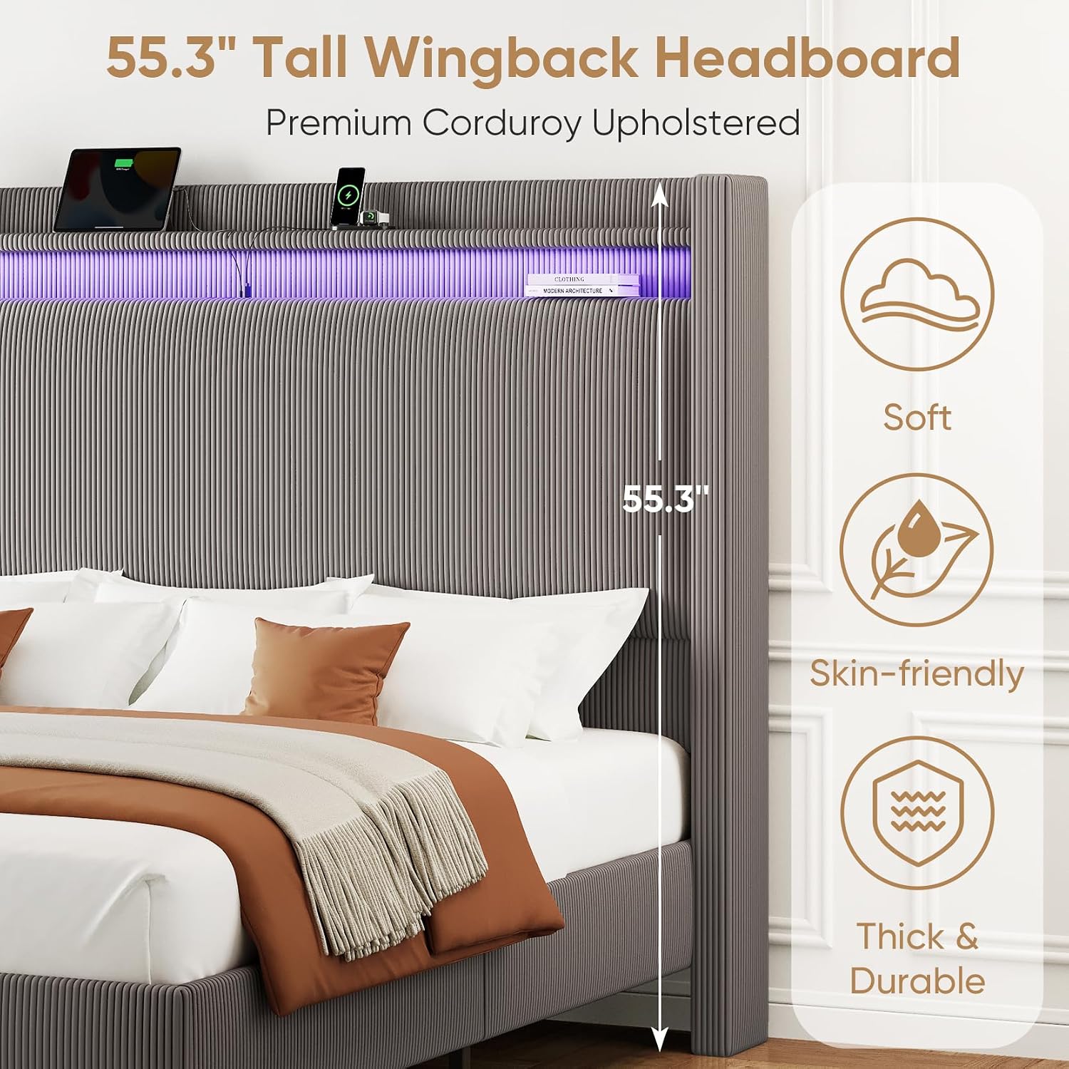 King Bed Frame with 55.3' Tall Headboard, Corduroy Upholstered Platform Bed with LED Lights & Charging Station, Wingback Storage Headboard, Solid Wood Slats,Noise Free,No Box Spring Needed,Gray Brown