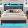 Rolanstar Queen Bed Frame with LED Lights, Upholstered Headboard, Charging Station, Storage Shelves, Heavy Duty Metal Slats, No Box Spring Needed, Noise Free, Easy Assembly, Grey
