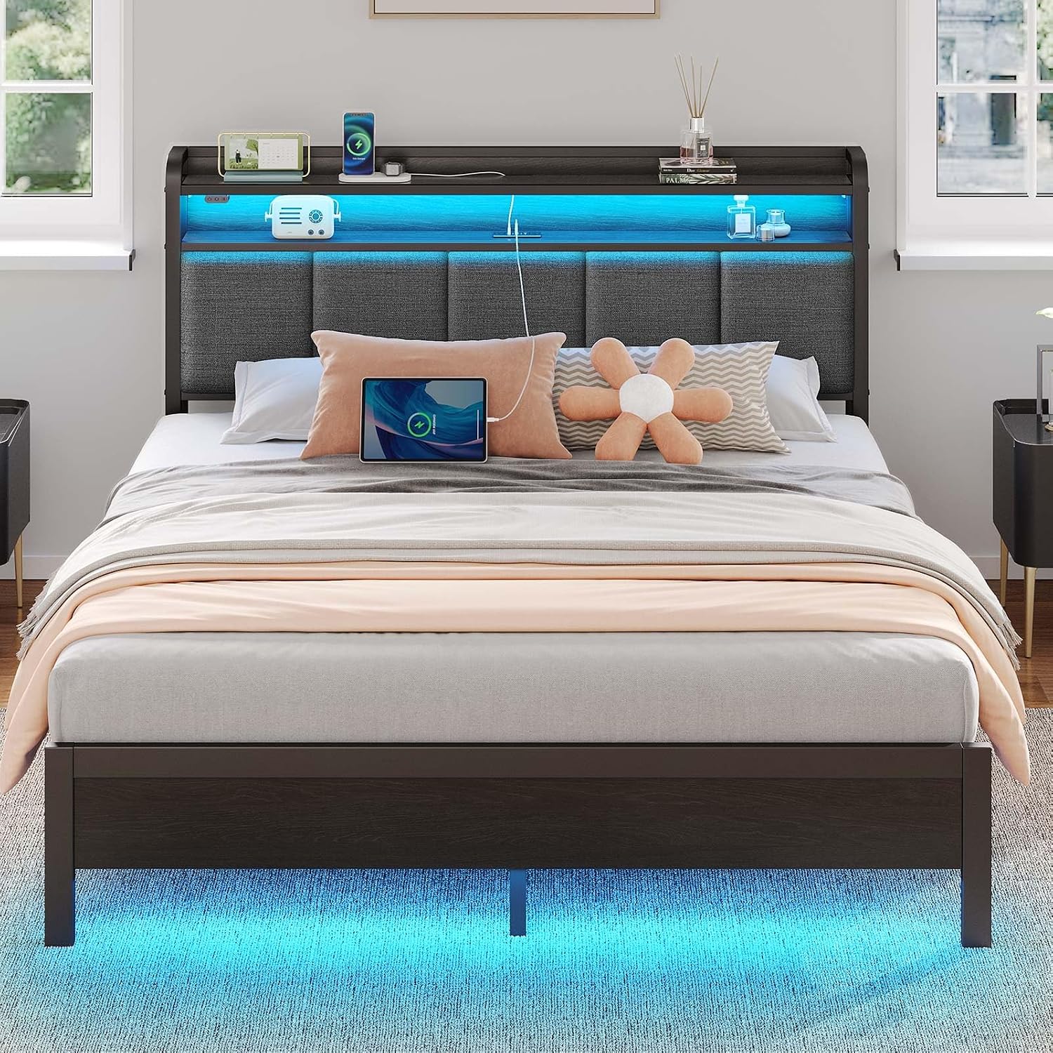 Rolanstar Queen Bed Frame with LED Lights, Upholstered Headboard, Charging Station, Storage Shelves, Heavy Duty Metal Slats, No Box Spring Needed, Noise Free, Easy Assembly, Grey