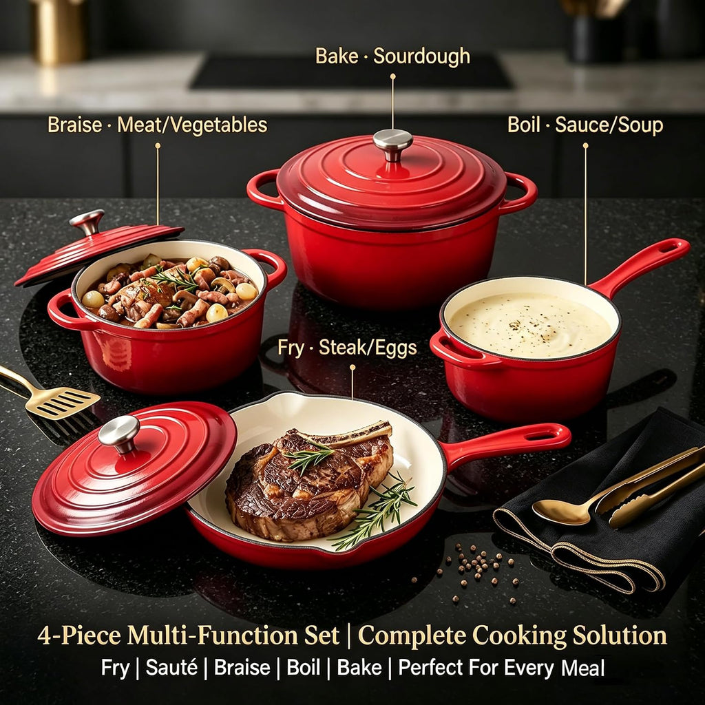 QuliMetal Enameled Cast Iron Cookware Set, 4-Piece Pots and Pans Set with Lids, 10.25' Skillet, 2QT Saucepan, 2.8QT & 4.8QT Dutch Ovens, Oven Safe to 500°F, All Stovetops Compatible - Rouge Red