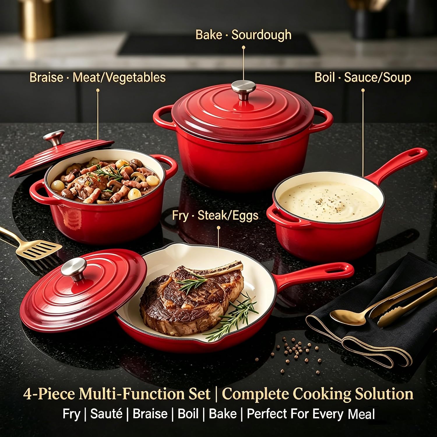 QuliMetal Enameled Cast Iron Cookware Set, 4-Piece Pots and Pans Set with Lids, 10.25' Skillet, 2QT Saucepan, 2.8QT & 4.8QT Dutch Ovens, Oven Safe to 500°F, All Stovetops Compatible - Rouge Red