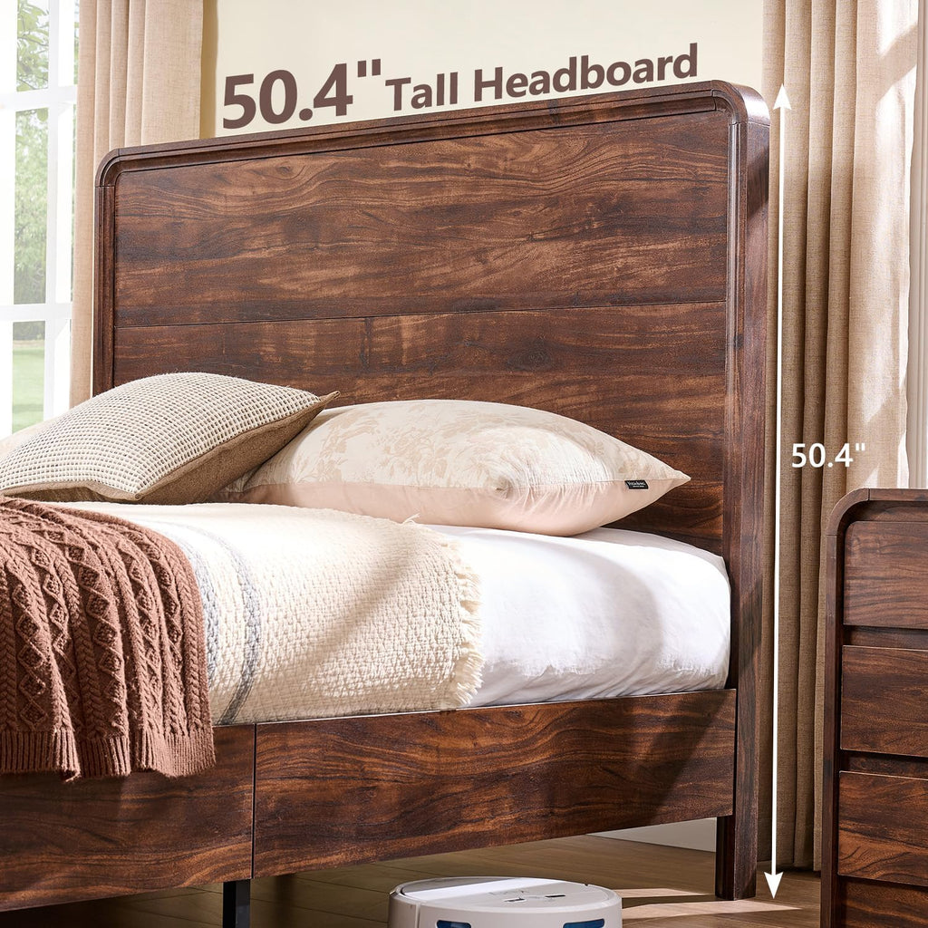 Aitjunz Modern Queen Size Bed Frame with 50' Tall Headboard, Wood Queen Size Platform Bed Frame w/3 Storage Drawers, Curved Profile Design, Wood & Steel Platform Bed, No Box Spring Needed, Dark Walnut