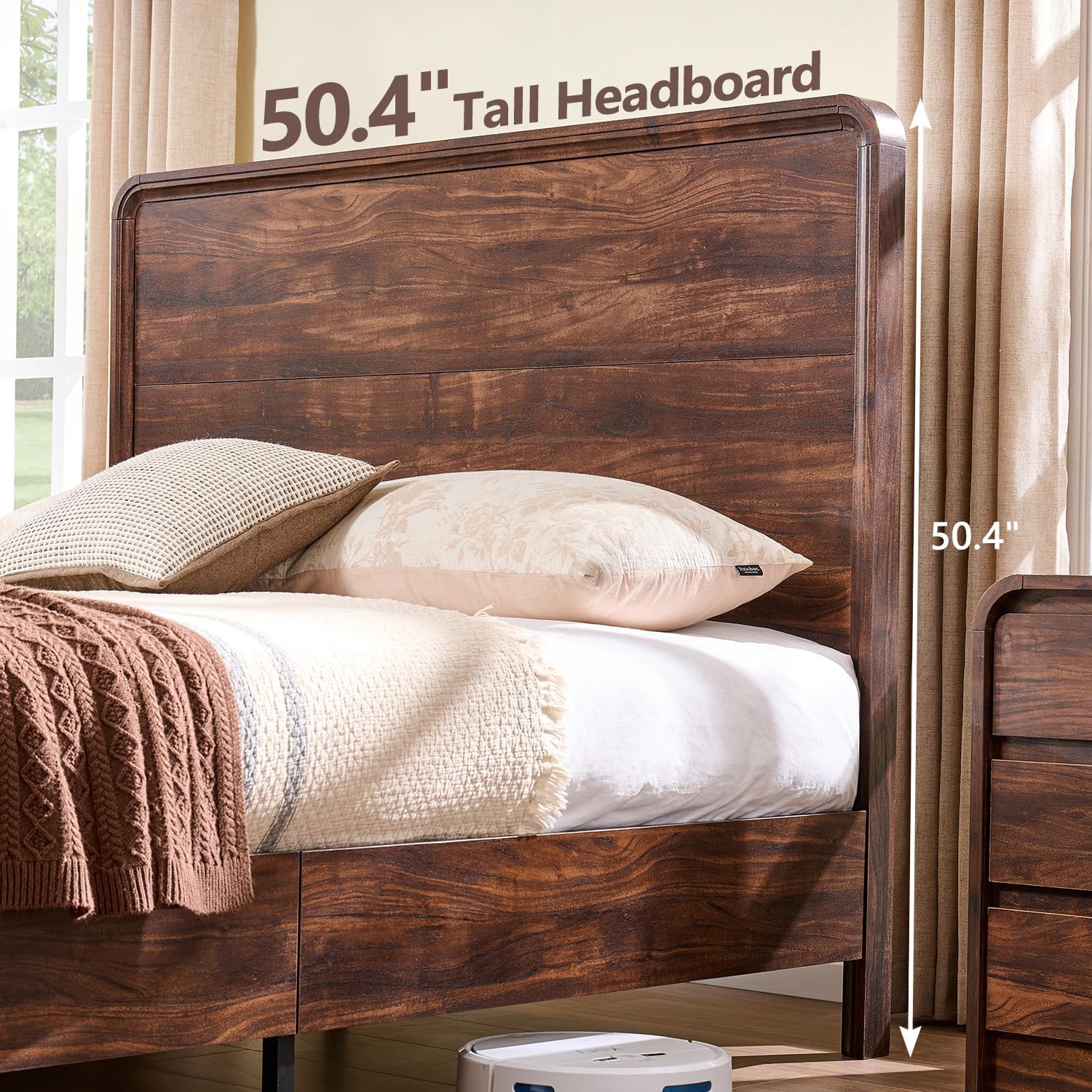 Aitjunz Modern Queen Size Bed Frame with 50' Tall Headboard, Wood Queen Size Platform Bed Frame w/3 Storage Drawers, Curved Profile Design, Wood & Steel Platform Bed, No Box Spring Needed, Dark Walnut