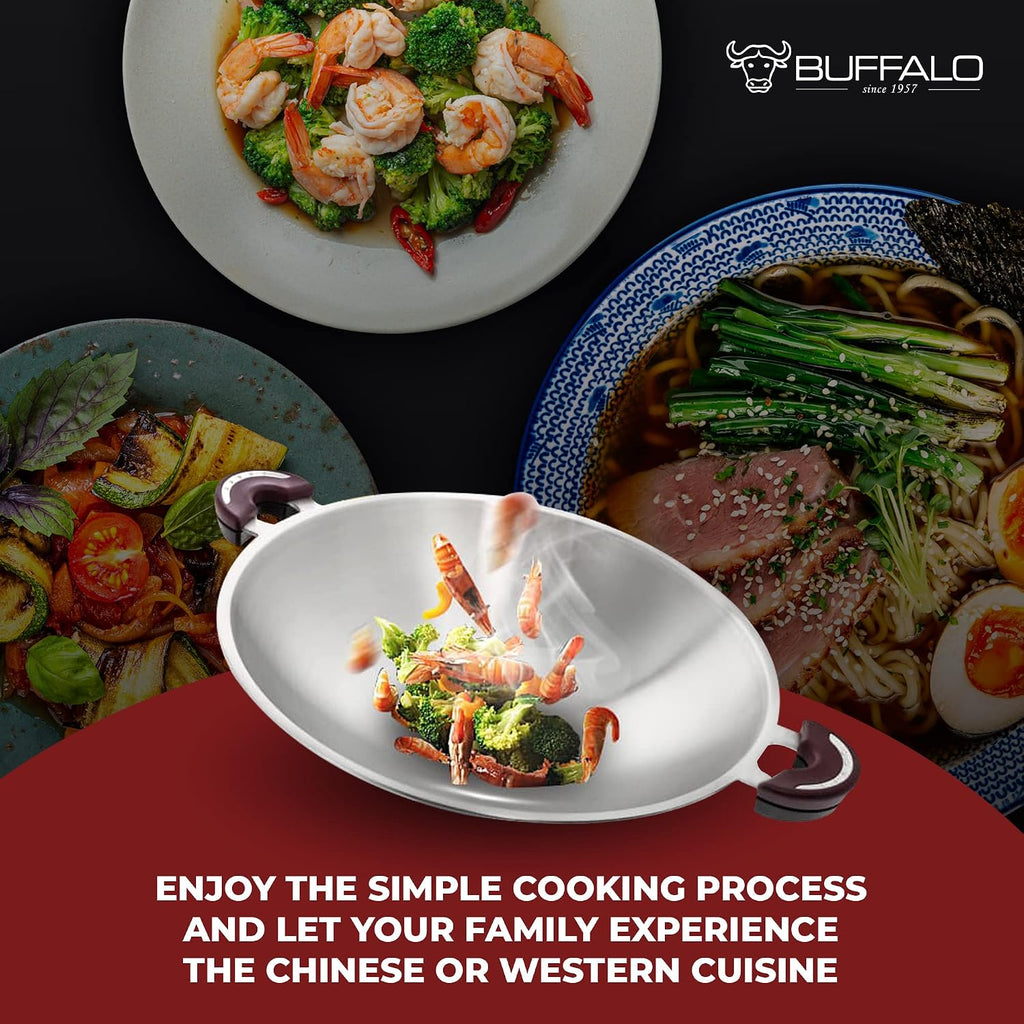BUFFALO Clad Stainless Steel Wok Pan with Lid Flat Bottom 14 inch (35cm) Stir Frying Pan Tri-Ply Nonstick Cookware - Double Handle Cooking Pot for Induction/Electric/Gas Stoves