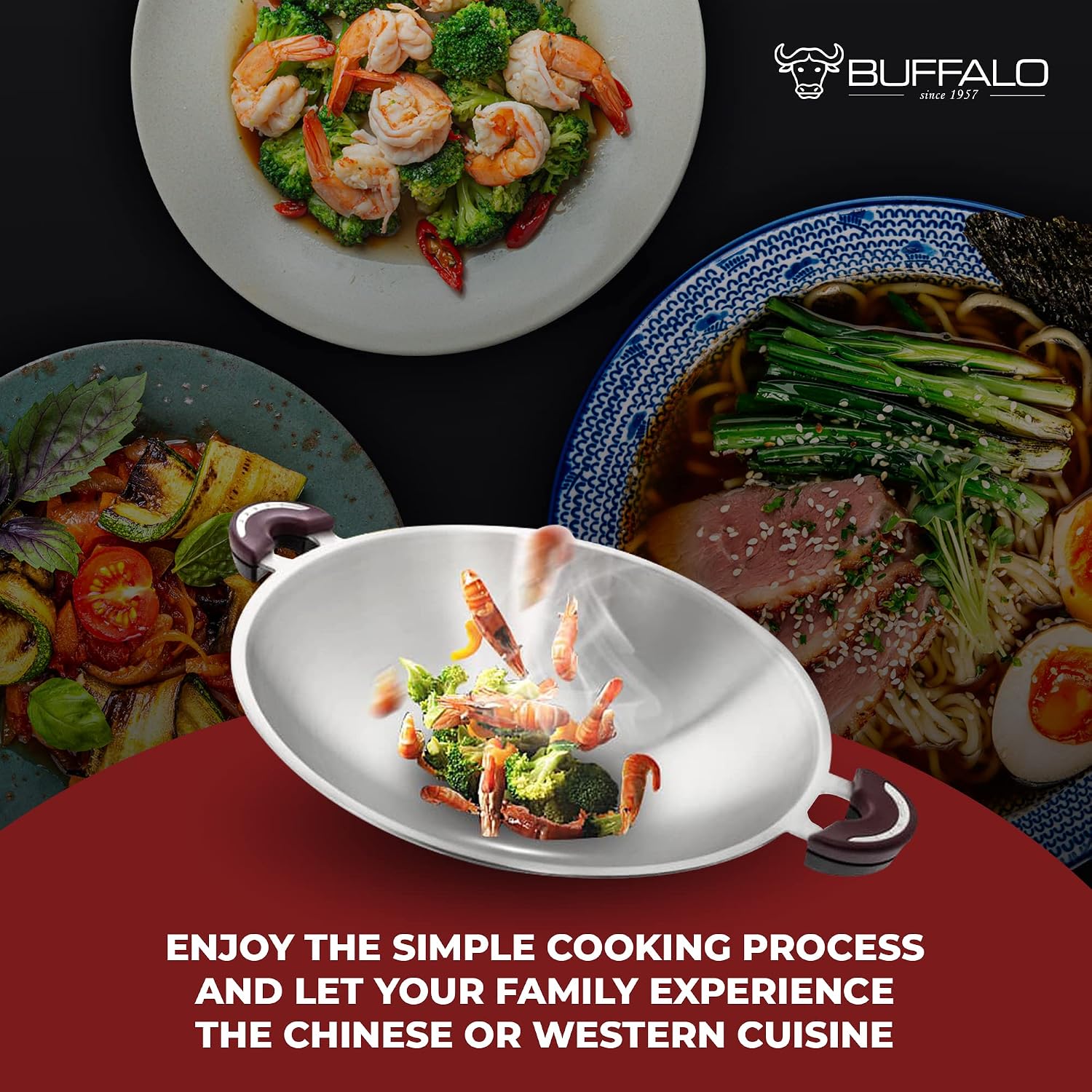 BUFFALO Clad Stainless Steel Wok Pan with Lid Flat Bottom 14 inch (35cm) Stir Frying Pan Tri-Ply Nonstick Cookware - Double Handle Cooking Pot for Induction/Electric/Gas Stoves