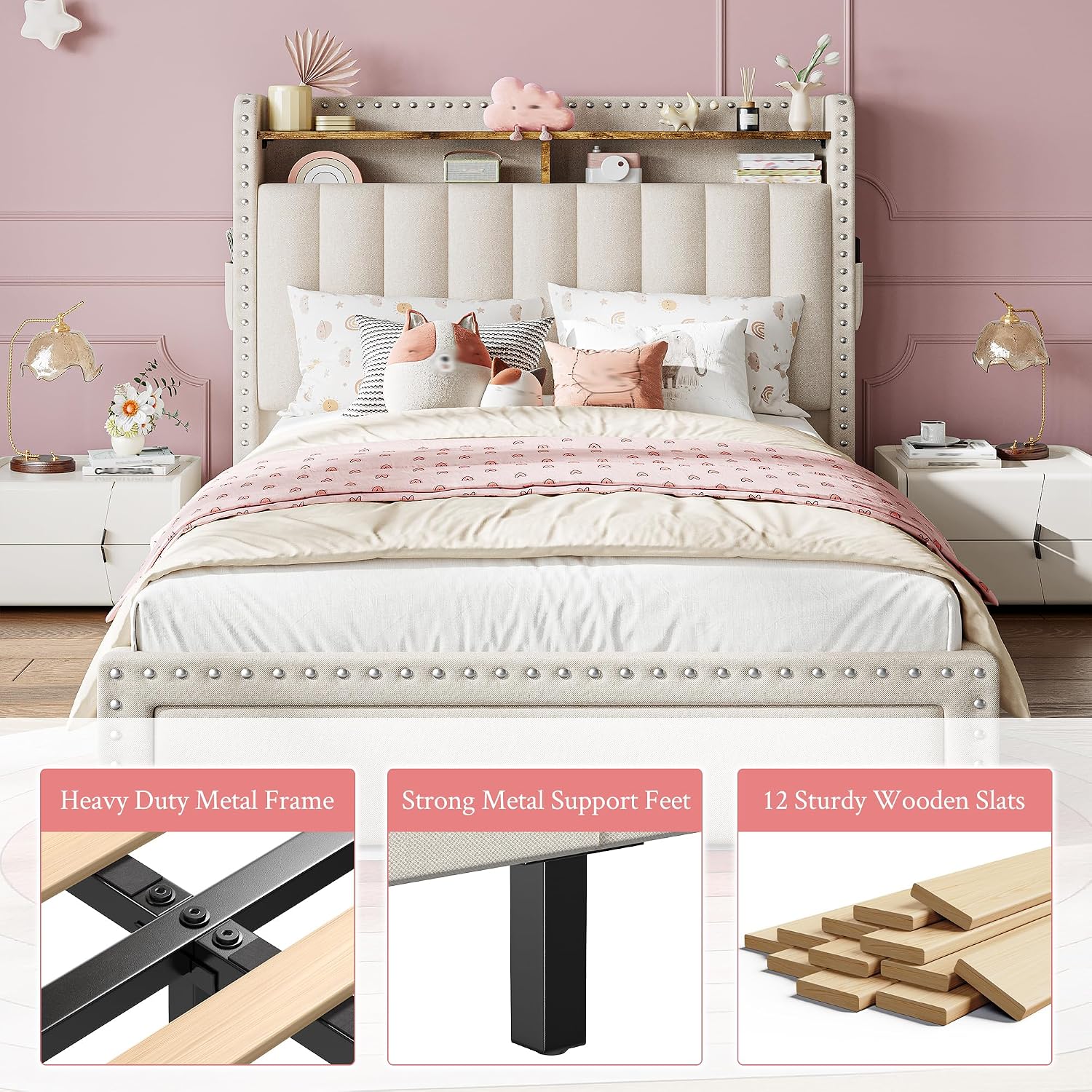 EnHomee Twin Fabric Upholstered Bed Frame with 2-Tier Vertical Channel Tufted Headboard and 2 Storage Drawers, Extra Storage Space for Bedroom Apartment, Beige