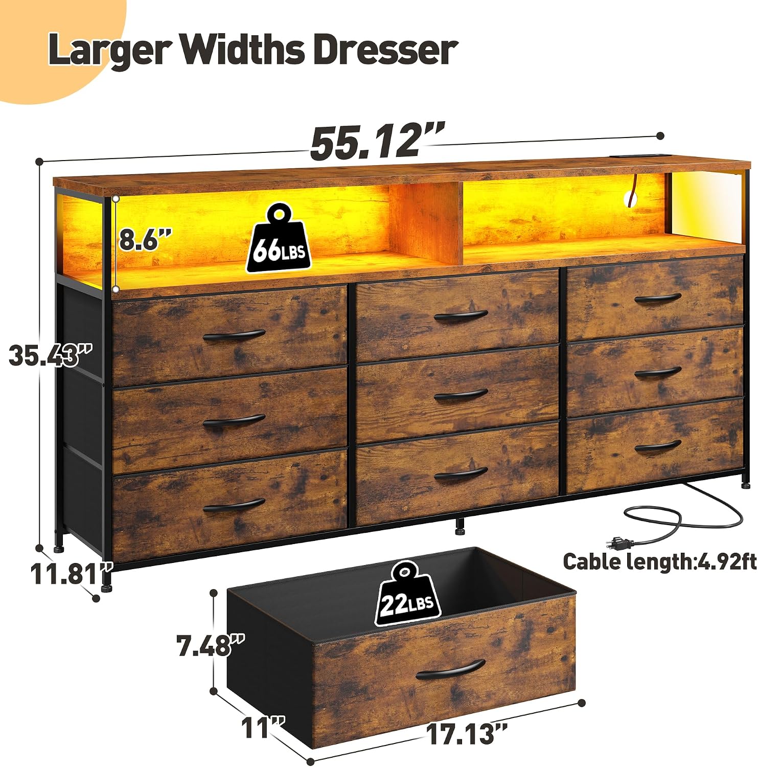 EnHomee 55' W Dresser for Bedroom with Charging Station & LED, 65/55 Inch TV Stand with 9 Fabric Drawers, Sturdy Dressers & Chest of Drawers with 2 Wood Storage Open Shelves,Entryway, Rustic Brown
