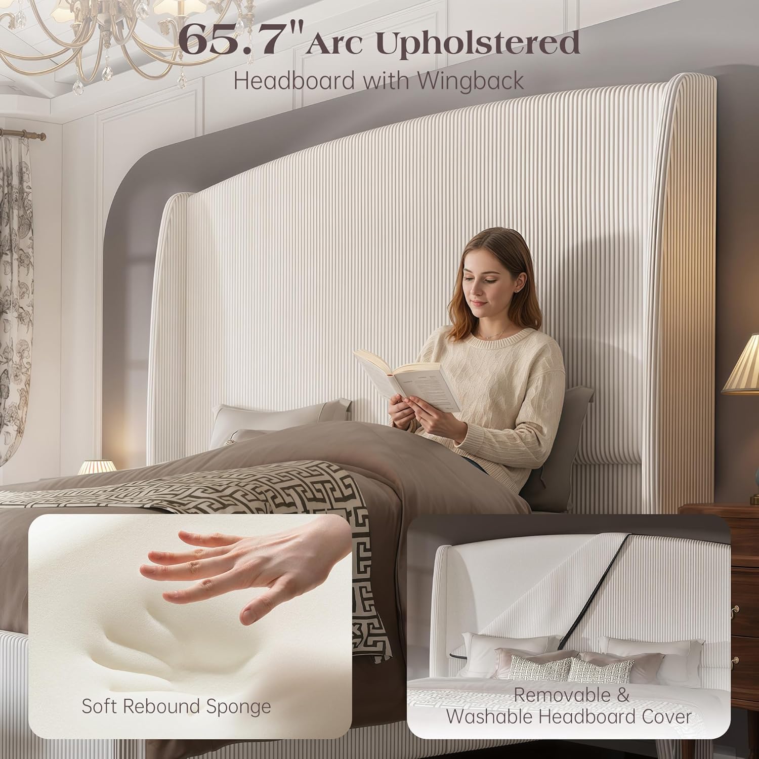 65.7' Tall Headboard King Size Upholstered Bed Frame with Wingback, Soft Washable Corduroy Beds Cover, Solid Wood Legs, Noise-Free, No Box Spring Needed, Cream