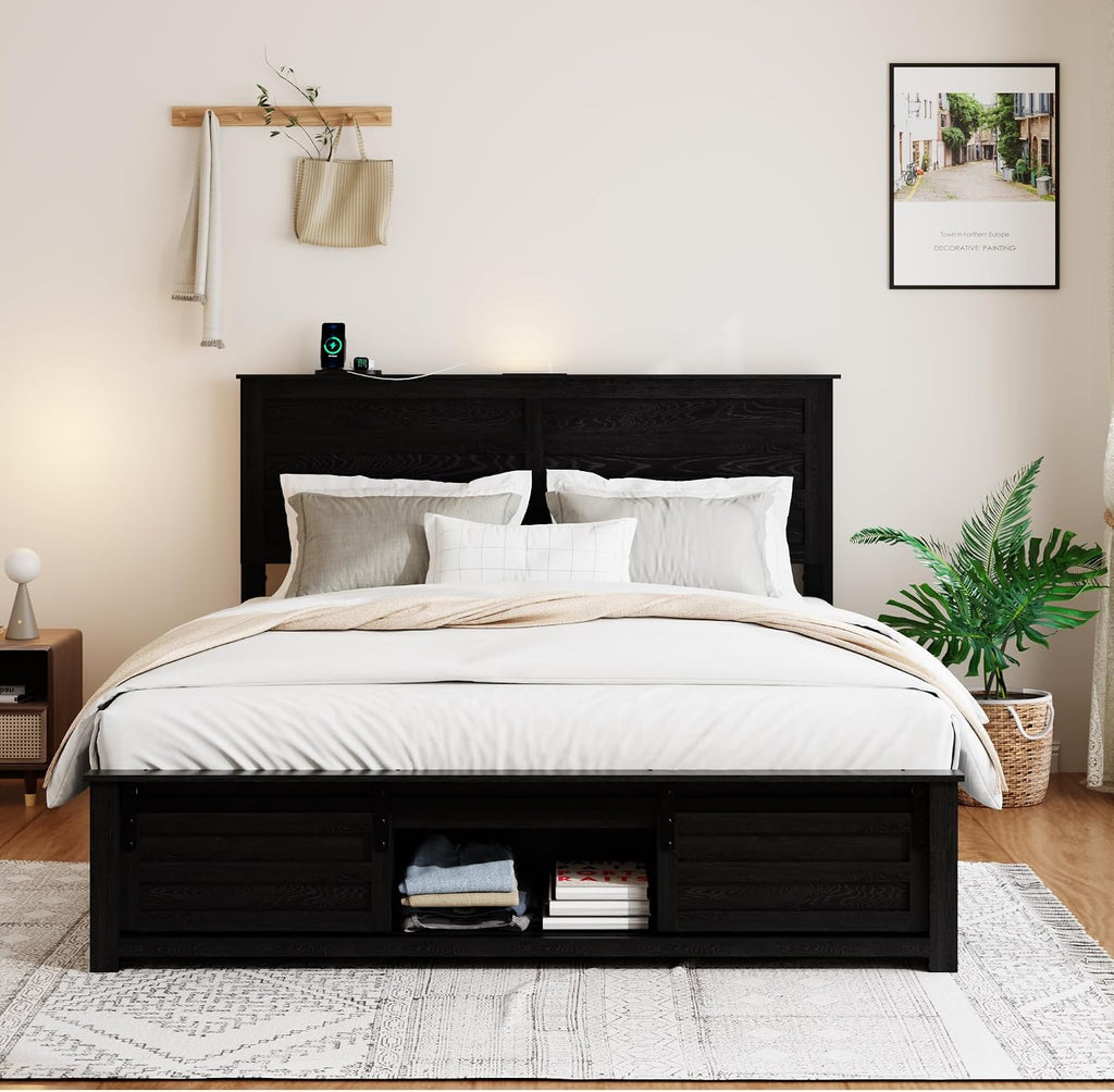 Wooden Queen Size Bed Frame with Headboard, Classic Black Farmhouse Storage Bedframe with Sliding Barn Door Footboard and Charging Station, Wood Slats, No Box Spring Needed