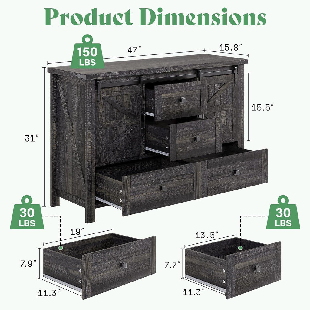 AMERLIFE 2PCS Farmhouse Dresser Set with Sliding Barn Doors, Bedroom Sets Include 47'' Dresser with 4 Drawers, 5-Drawer Tall Dresser, Black Oak
