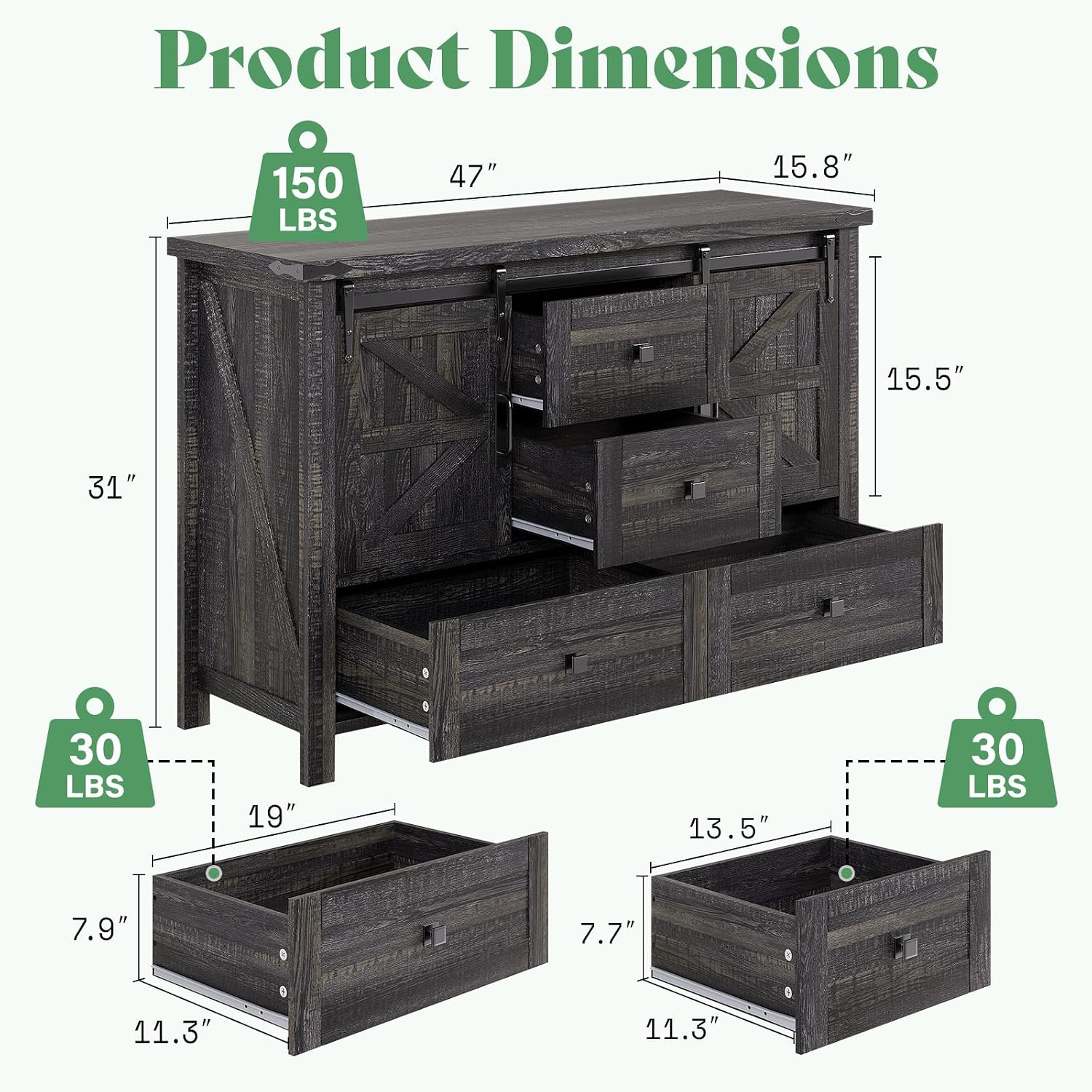 AMERLIFE 4-Piece Farmhouse Bedroom Set in Black Oak, Queen Size Bed Frame with Bookcase Headboard, 5-Drawer Tall Dresser, 47'' Dresser with 4 Drawers, 60' Dresser with 4 Drawers