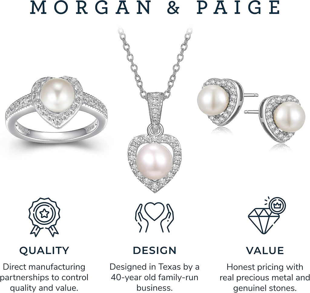 MORGAN & PAIGE .925 Sterling Silver Gemstones and White Sapphire Halo Heart Pendant Necklace, Ring and Stud Earrings for Women Set - Birthstone Jewelry Sets for Women, 18in Cable Chain, Size 7 Ring