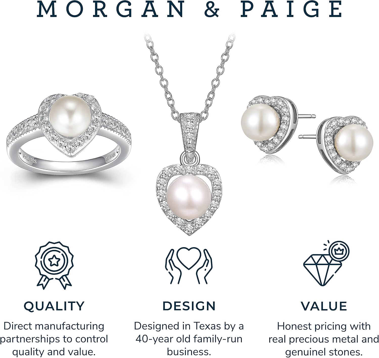 MORGAN & PAIGE .925 Sterling Silver Gemstones and White Sapphire Halo Heart Pendant Necklace, Ring and Stud Earrings for Women Set - Birthstone Jewelry Sets for Women, 18in Cable Chain, Size 7 Ring