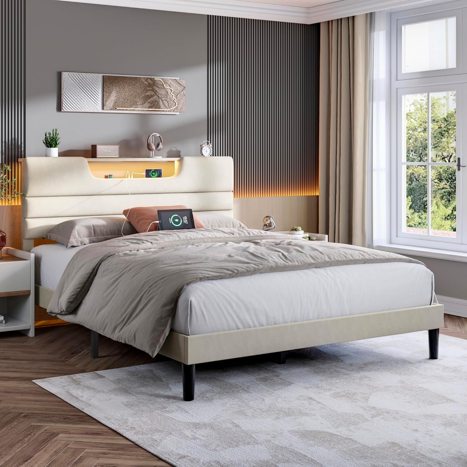 OURPIC Queen Size Bed Frames with Upholstered Headboard, Modern Platform Bed with Charging Station and Led Lights, Bed Frame with Sturdy Wooden Slats/No Box Spring Needed/2-Tier Storage, Beige