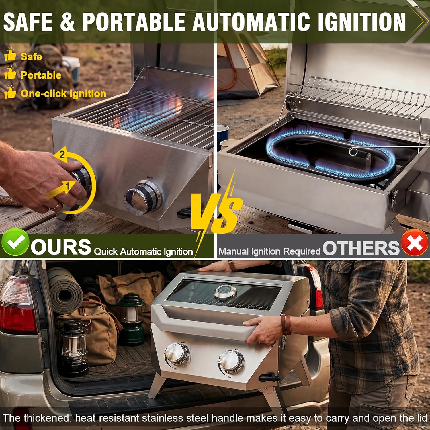 Bestfire 2-Burner Tabletop Gas Grill with Viewing Glass Lid, 20,000 BTU Stainless Steel Portable Propane BBQ Grill, Built-in Thermometer & Push-Button Ignition, for Outdoor Camping, RV, Tailgating