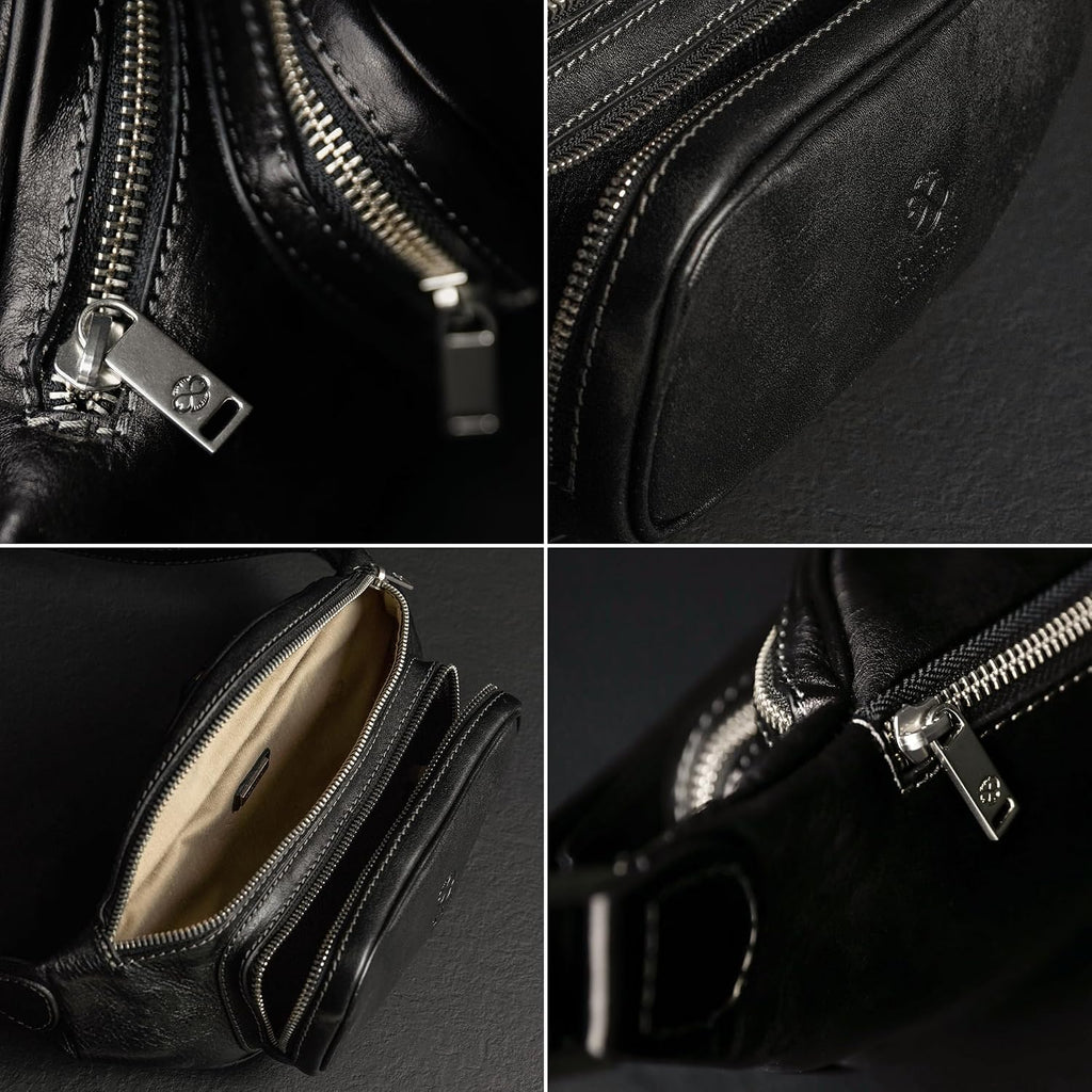 Time Resistance Leather Waist Pack - Belly Bag, Belt Bag, Fanny Pack - Handmade in Italy (Black)