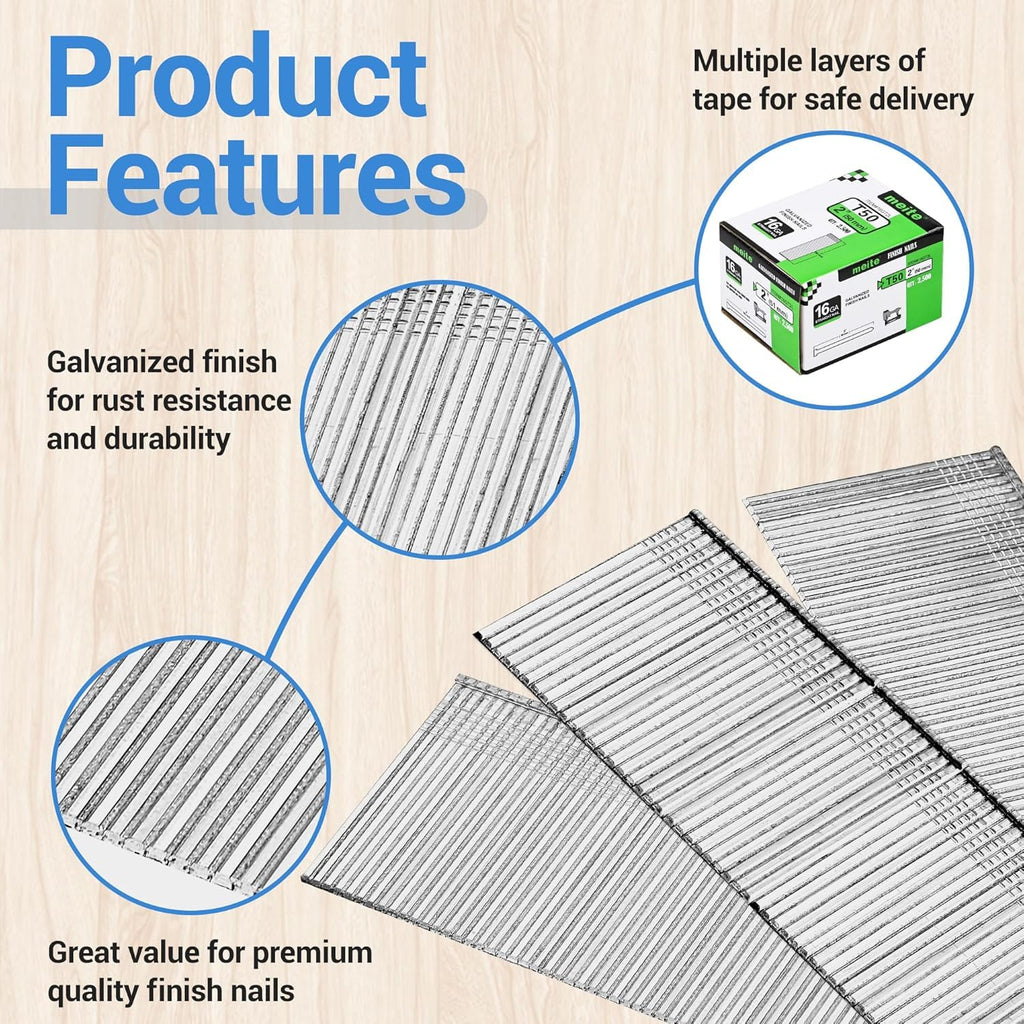 meite 16 Gauge Straight Finish Nails 2 Inch Galvanized 16 Gauge Trim Nails, Small Head Finishing Nail for 16GA Finish Nailer Guns, 1 Case/25,000PCS