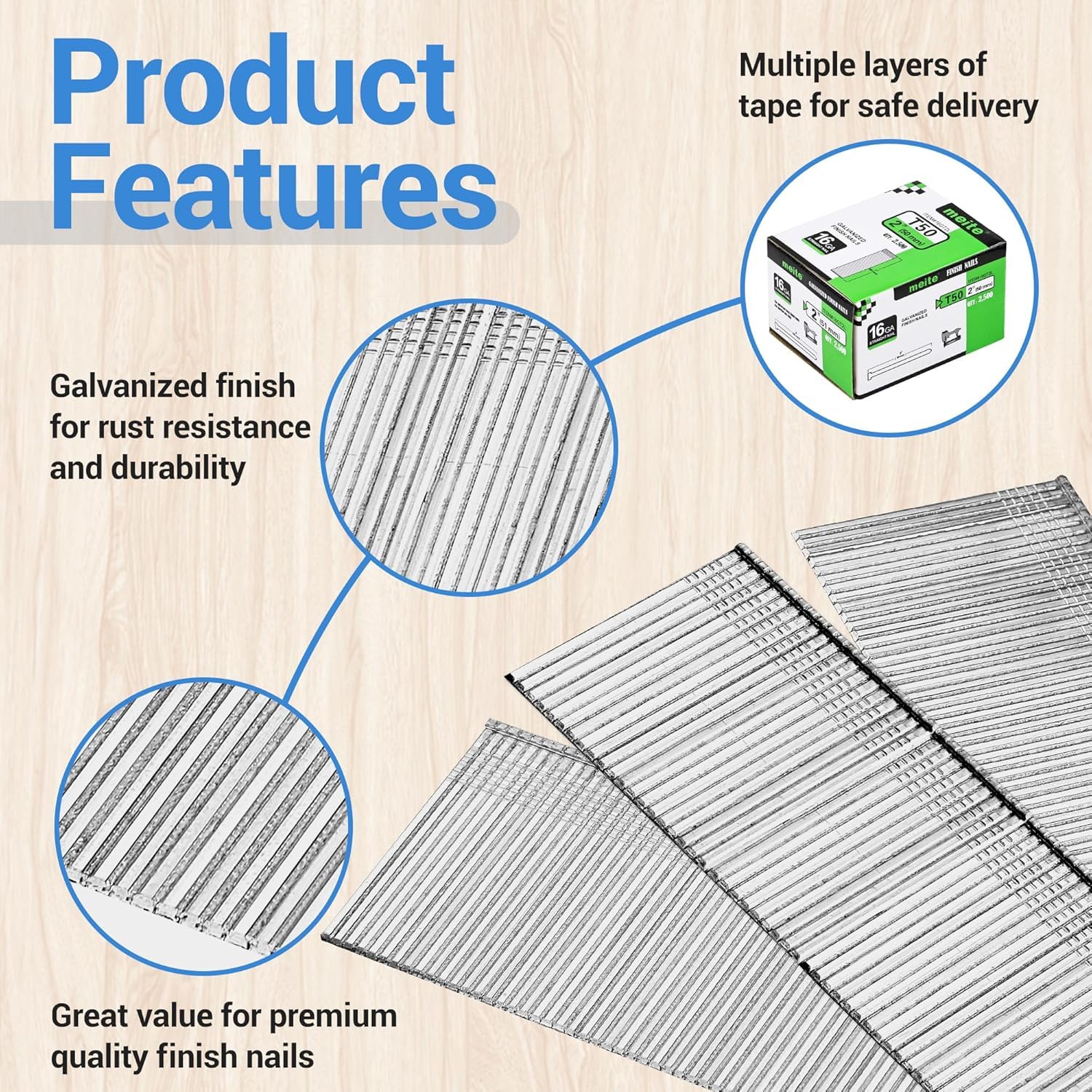 meite 16 Gauge Straight Finish Nails 2 Inch Galvanized 16 Gauge Trim Nails, Small Head Finishing Nail for 16GA Finish Nailer Guns, 1 Case/25,000PCS