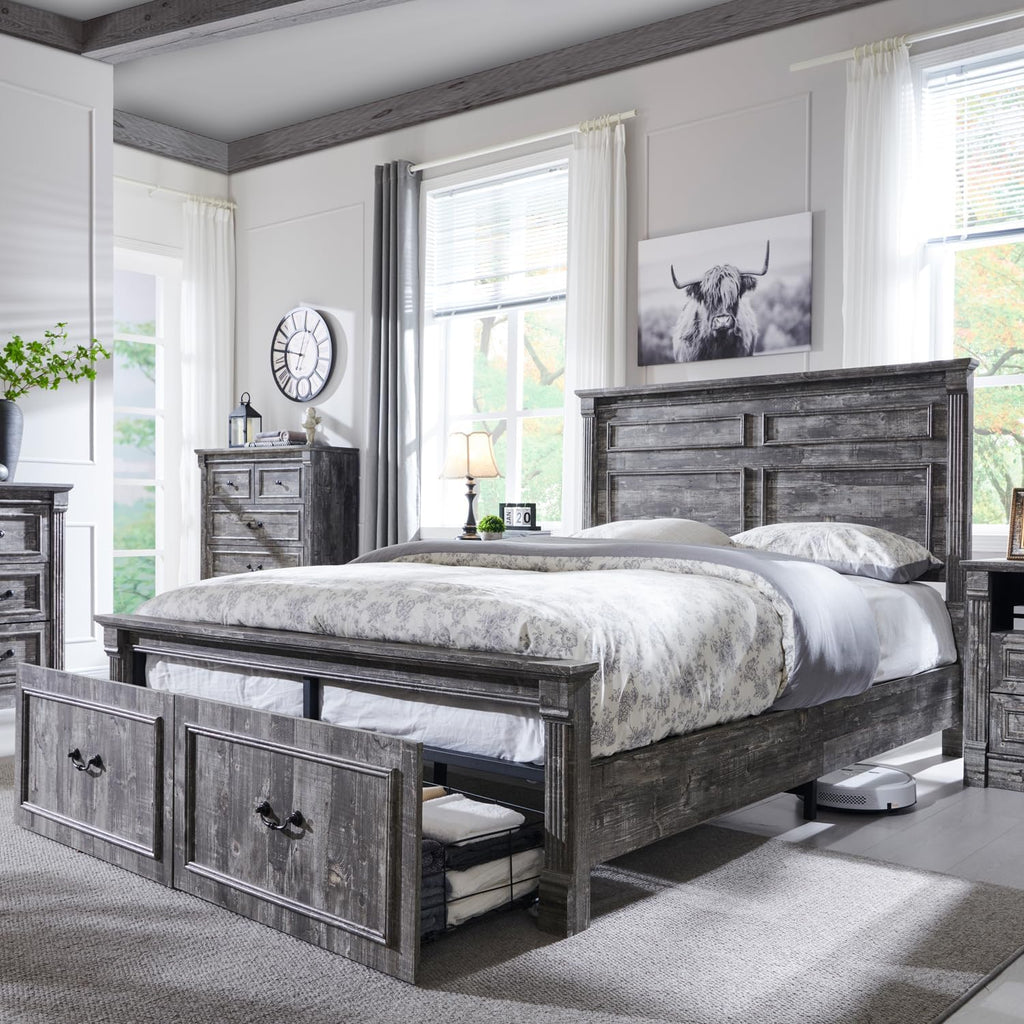 Aitjunz Farmhouse Queen Size Bed Frame with 51' Tall Headboard, Wood Platform Bed Frame with 20' Tall Roman Column Decoration Footboard & 2 Large Storage Drawers, No Box Spring Needed (Light Grey)