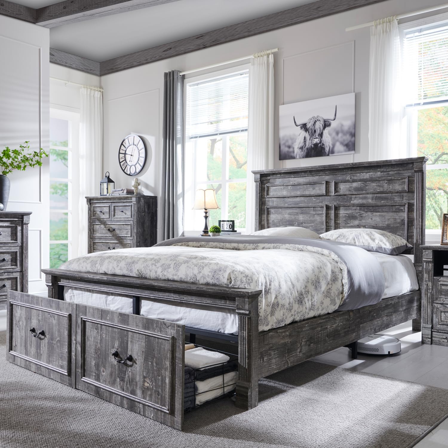 Aitjunz Farmhouse Queen Size Bed Frame with 51' Tall Headboard, Wood Platform Bed Frame with 20' Tall Roman Column Decoration Footboard & 2 Large Storage Drawers, No Box Spring Needed (Light Grey)