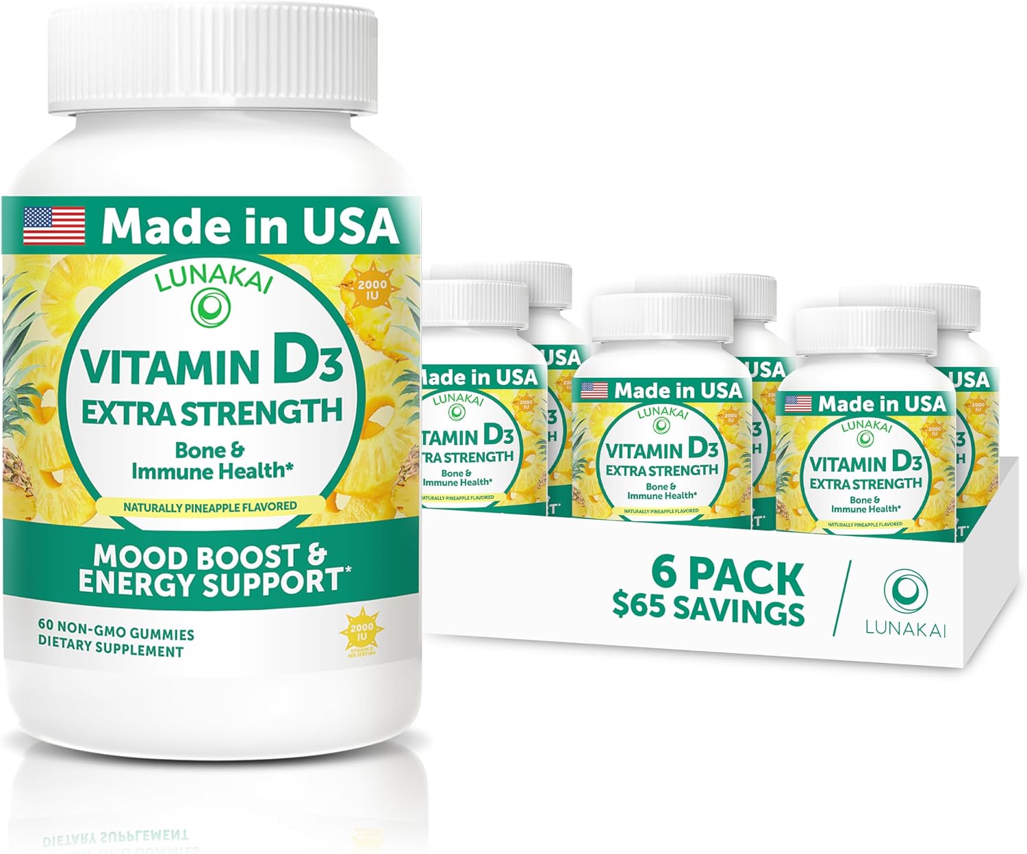 Lunakai USA Made Vitamin D3 Gummies 2000 IU - Non-GMO, Gluten-Free Vitamin D Gummies for Women & Men - Bone, Immune & Energy Support, 60ct, 6 Pack