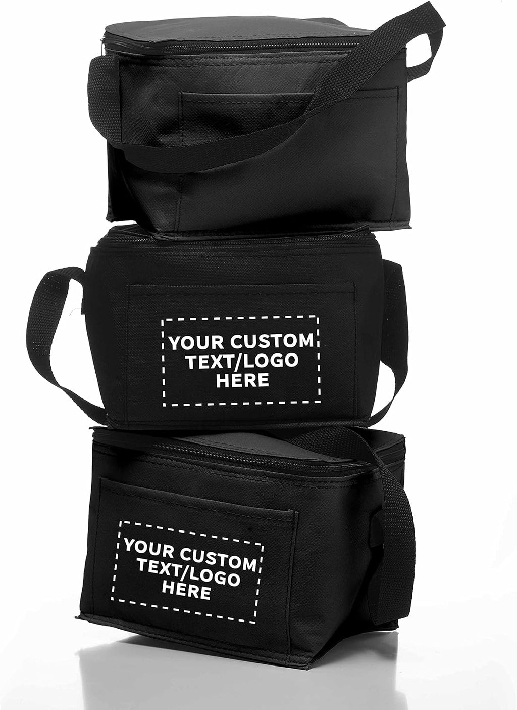 DISCOUNT PROMOS 50 Zipper Top Insulated Lunch Bags Set - Customizable Text, Logo - Non Woven, Vibrant, Black Strap - Black