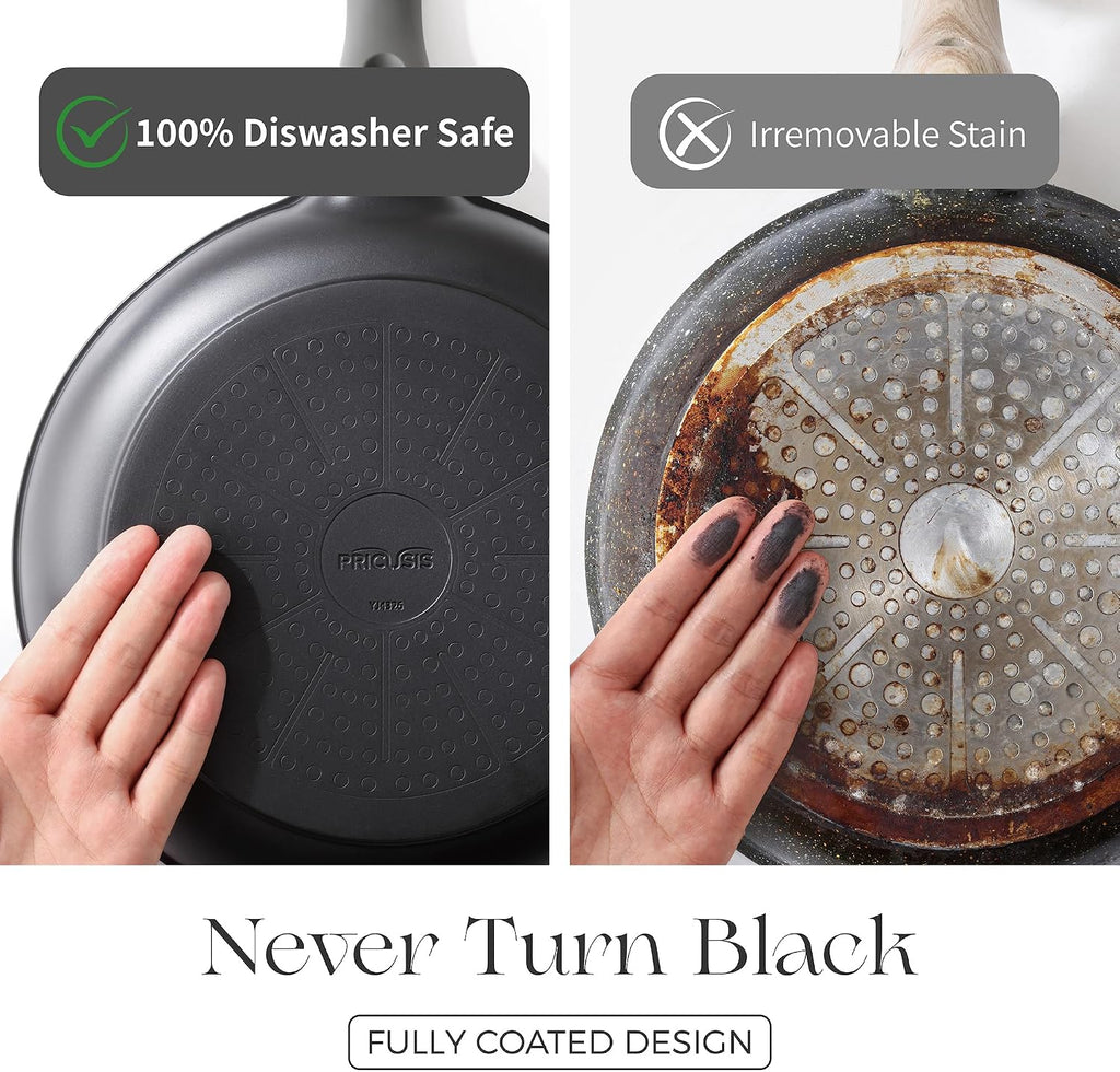 PRICUSIS Pots and Pans Set Nonstick, 21Pcs Induction Compatible, Stay Cool Handle, Fully Coated, 100% Dishwasher Safe, PFOA Free Omelet Pans, Warp Resistant (Black Sesame)