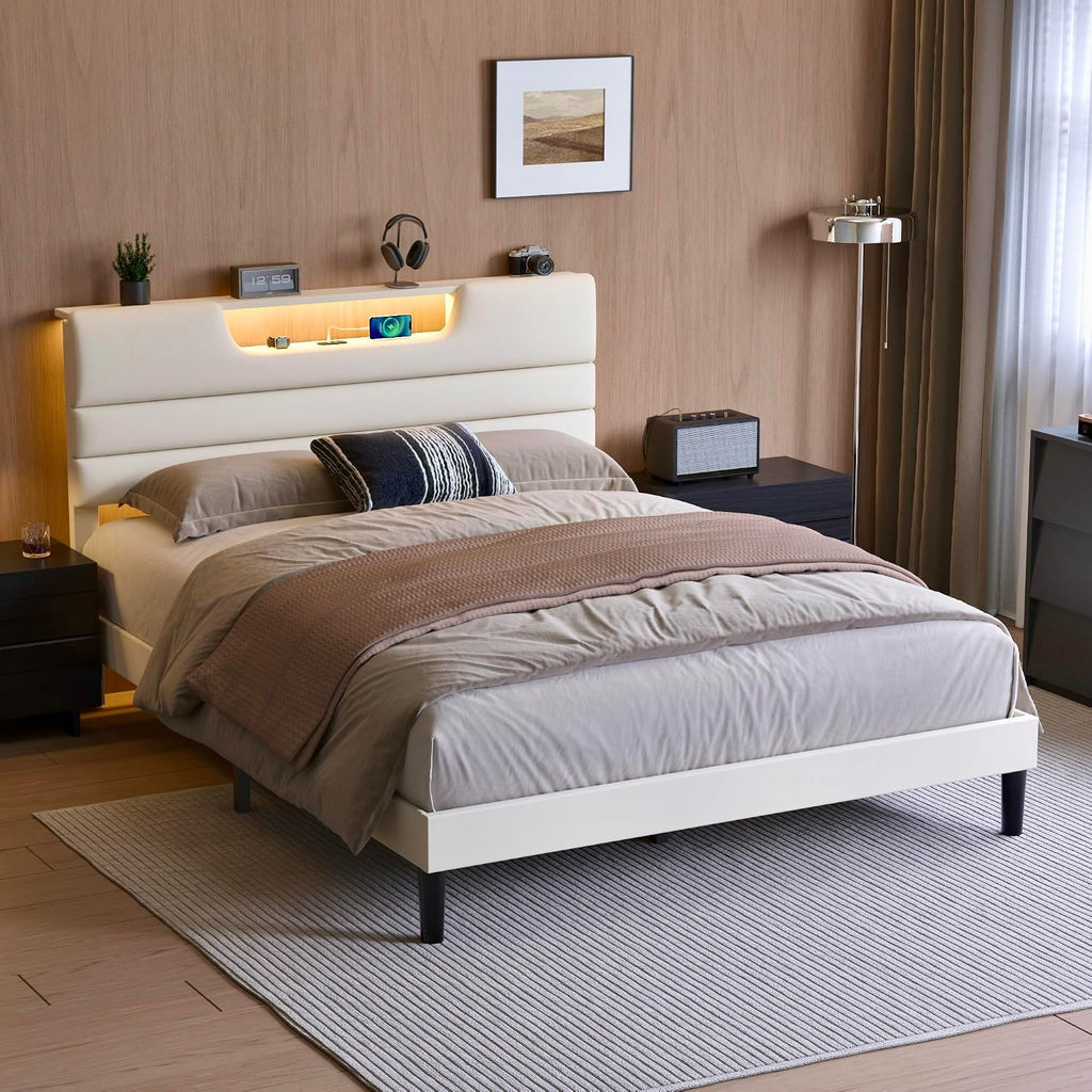 OURPIC Queen Size Bed Frames with Upholstered Headboard, Modern Platform Bed with Charging Station and Led Lights, Bed Frame with Sturdy Wooden Slats/No Box Spring Needed/2-Tier Storage, Beige