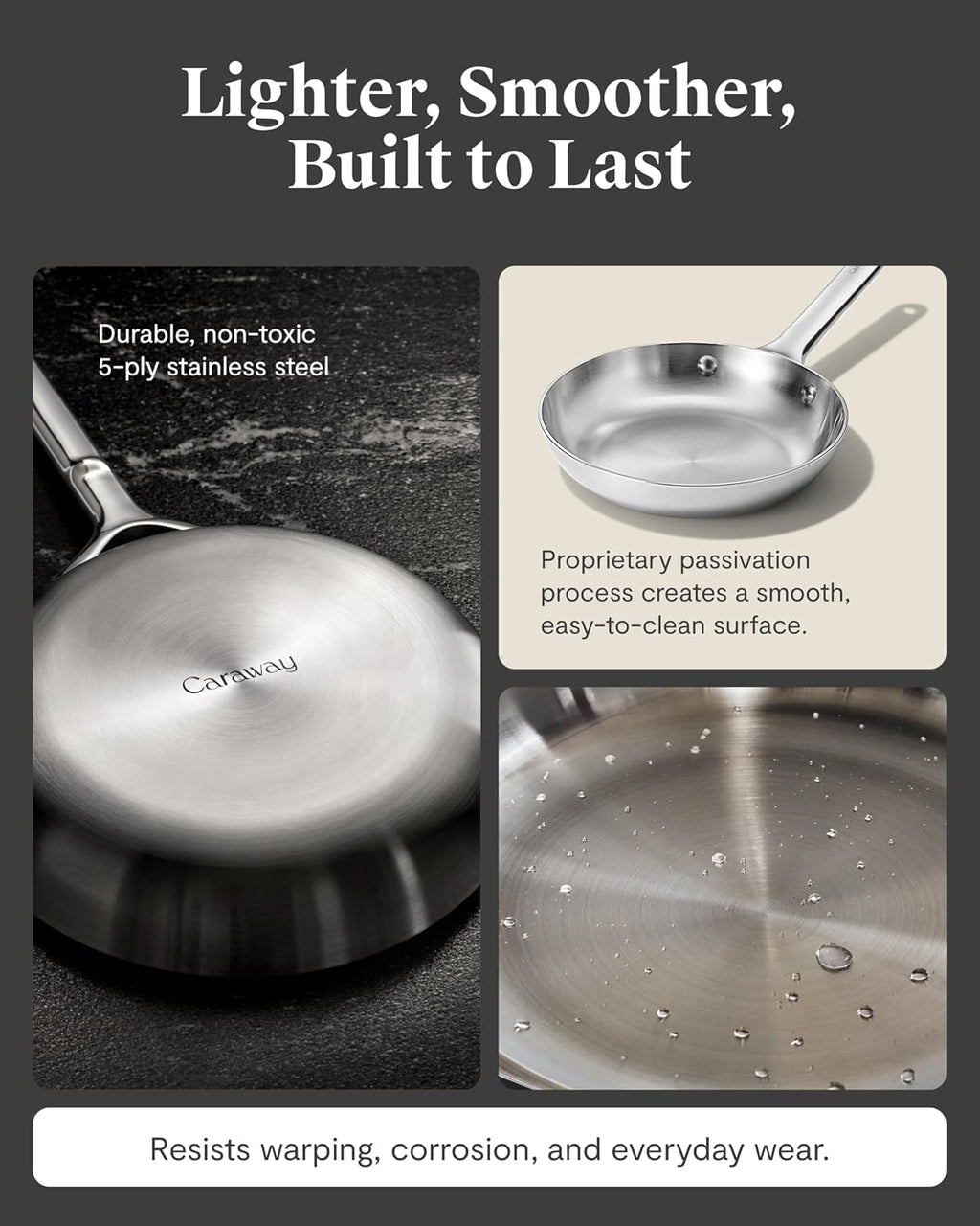 Caraway Stainless Steel Fry Pan Duo - 5-Ply Frying Pans (8' & 10.5') - Non-Toxic, PTFE & PFOA Free - Oven Safe & Stovetop Agnostic