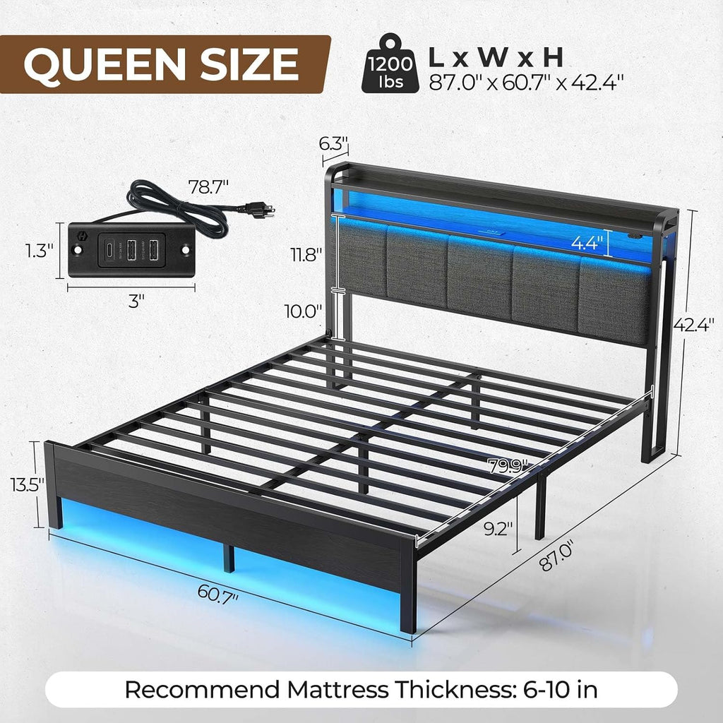 Rolanstar Queen Bed Frame with LED Lights, Upholstered Headboard, Charging Station, Storage Shelves, Heavy Duty Metal Slats, No Box Spring Needed, Noise Free, Easy Assembly, Grey