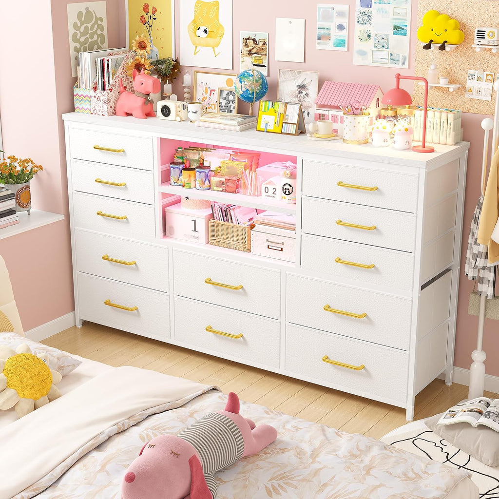 EnHomee 12 Drawers Dresser for Bedroom with LED Lights & Charging Station, TV Stands for 55/60'' TV, Fabric Dressers & Chests of Drawers with 3 Wooden Shelves for Hallway,Sturdy,White