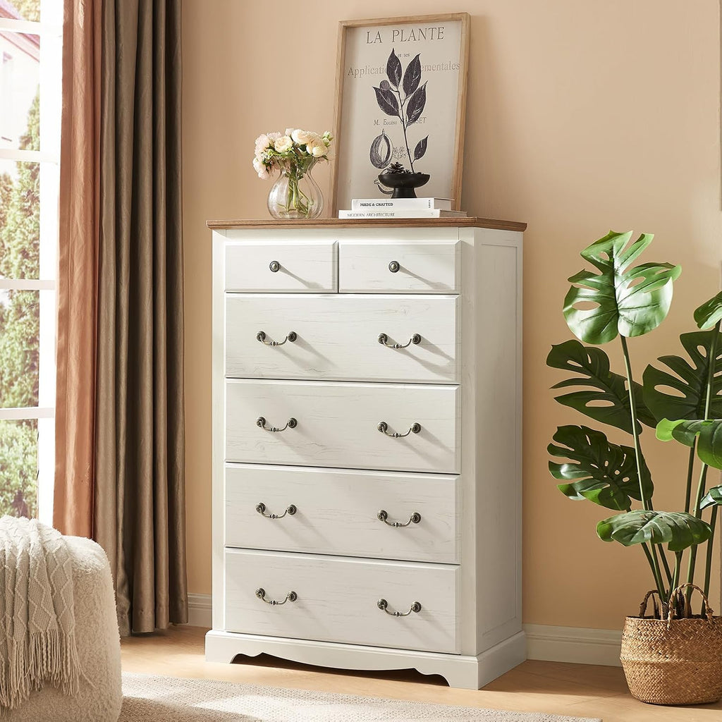 AMERLIFE Farmhouse 4 Pieces Bedroom Sets Includes 7 Drawers Dresser, 6 Dressers Organizer, Two Nightstands with Charging Station, White