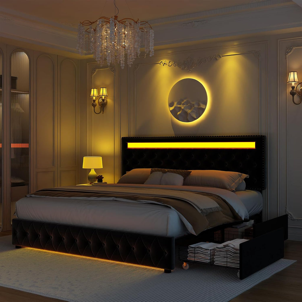GEGOFORU Full Led Bed Frame with 4 Storage Drawers, with Smart Control RGBW LED Lights Headboard Footboard, Control DIY Color, Box Spring Optional, Black-Velvet