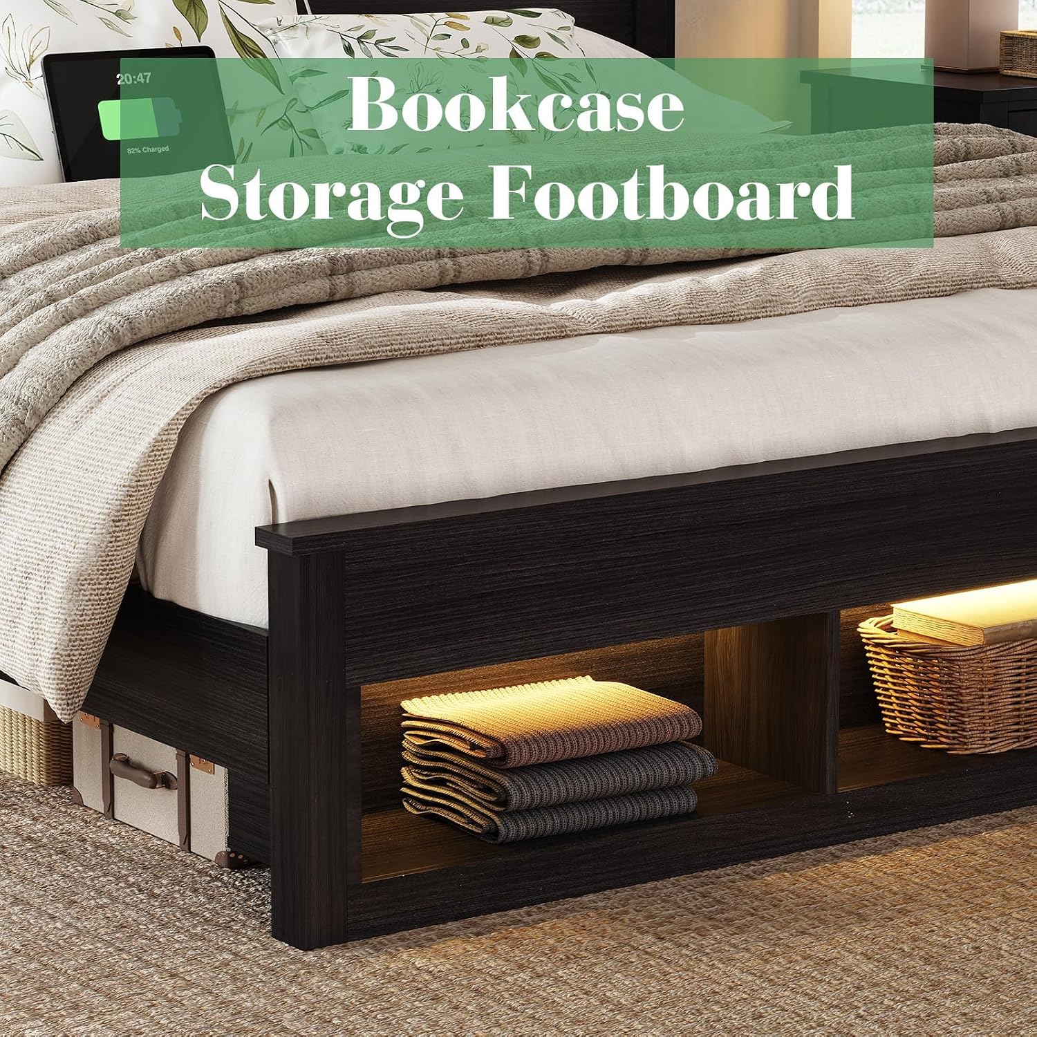 Albott Farmhouse King Size Bed Frame with Storage/Bookcase Headboard & Footboard, Wood Platform Bed with LED Lights/Charging Station, Heavy-Duty Metal Support/No Box Spring Needed/Noise-Free, Black