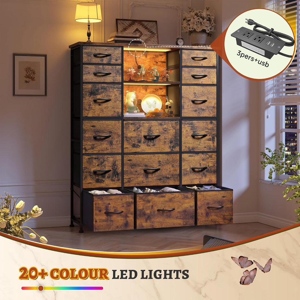 EnHomee 51' H Dresser with 15 Drawers Dresser for Bedroom with Charging Station & LED Lights & Hutch Sturdy Fabric Bedroom Dressers, Steel Frame, Wood Top, Rustic Brown, 51.2' H x 39.3' W x 11.8' D