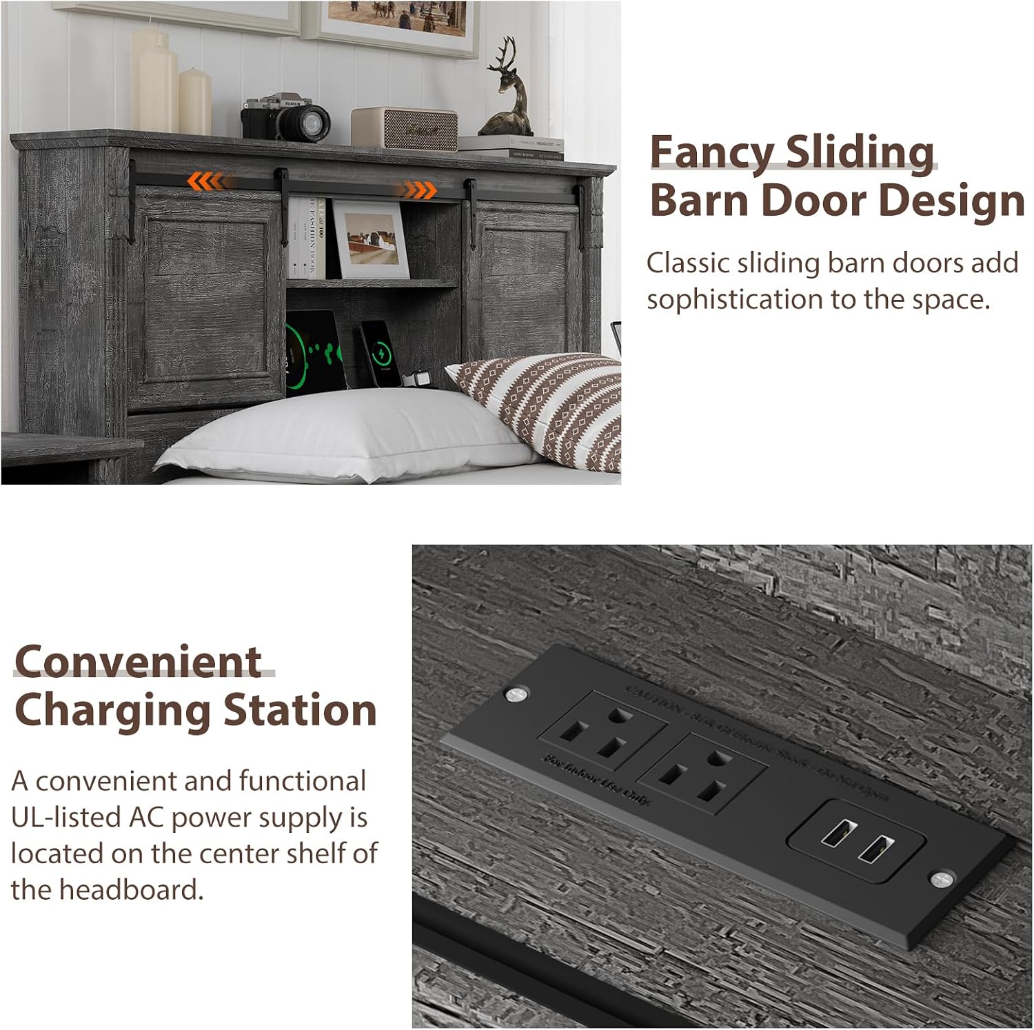 BOSHIRO Farmhouse Queen Size Bed Frame with Storage Bookcase Headboard, Wood Platform Bed Frame w/Charging Station, Bracket Footboard, 2 Large Sliding Barn Doors, No Box Spring Needed - Light Gray+