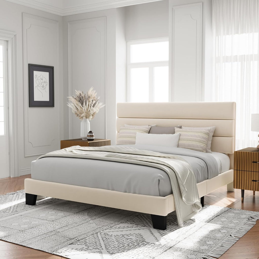Allewie King Size Platform Bed Frame with Velvet Upholstered Headboard and Wooden Slats Support, Fully Upholstered Mattress Foundation/No Box Spring Needed/Easy Assembly, Cream
