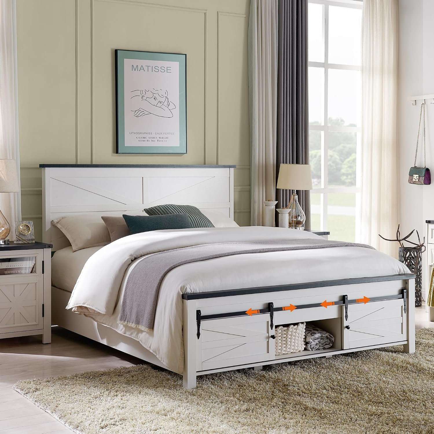 JXQTLINGMU 3 Pieces Farmhouse Bedroom Set-Queen Size Bed with 2 Nightstands of Sliding Barn Door Storage Cabinets, Solid Wood Slats Support, Noiseless, No Box Spring Needed, Off White