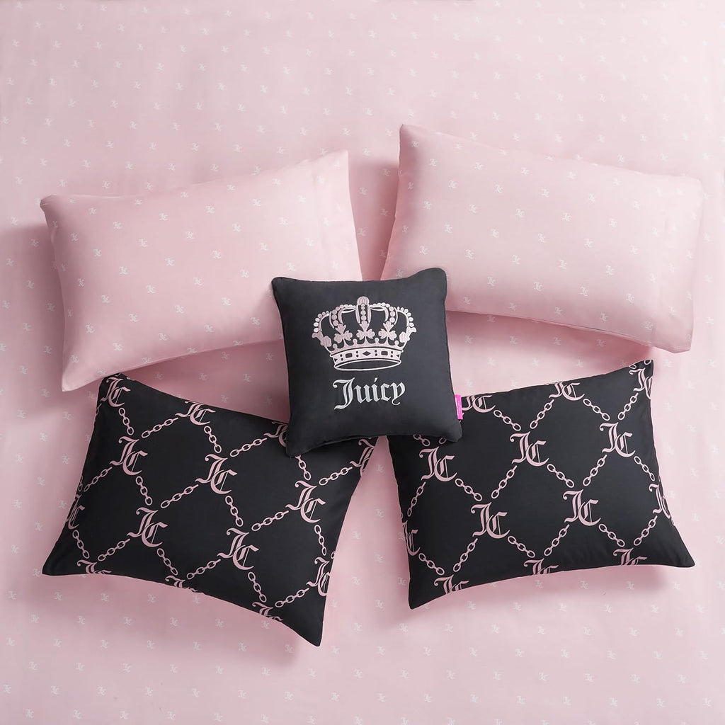 Juicy Couture Black Link Logo Printed Comforter Set, King – Complete 8-Piece Bed in a Bag Collection