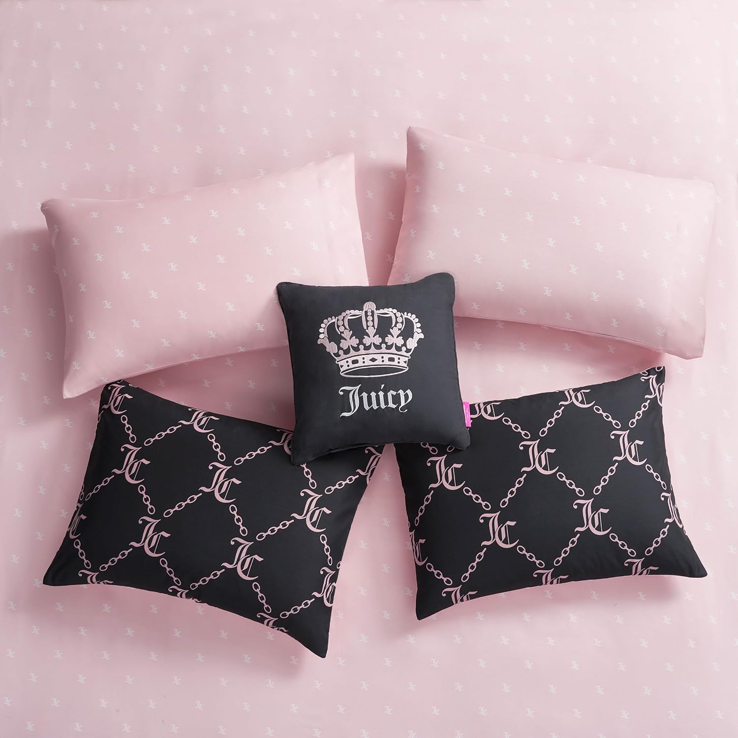 Juicy Couture Black Link Logo Printed Comforter Set, King – Complete 8-Piece Bed in a Bag Collection