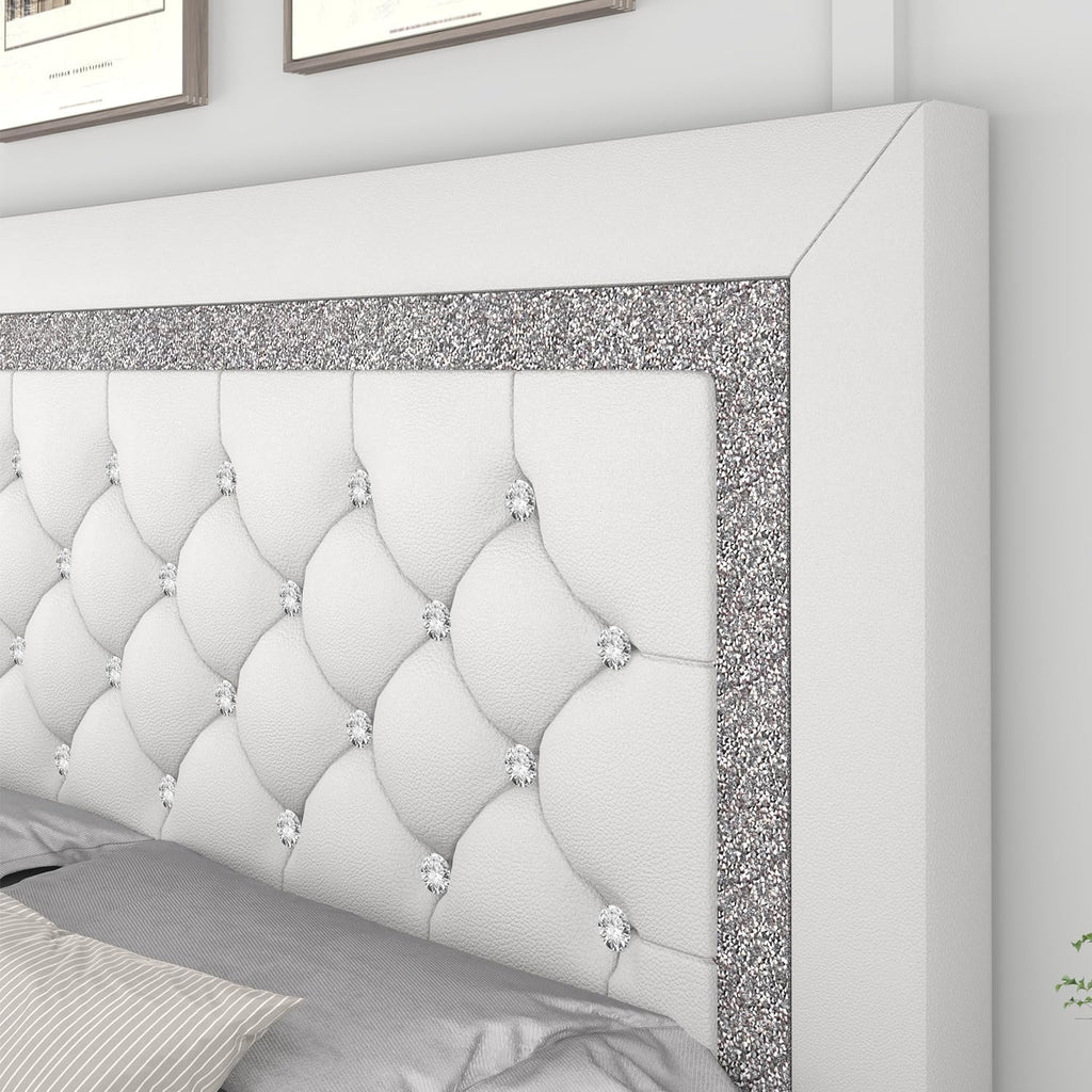 Queen Bed Frame, Faux Leather Platform Bed with Upholstered Diamond Headboard, Mattress Foundation with Strong Wooden Slats Support, No Box Spring Required, Easy Assembly, White